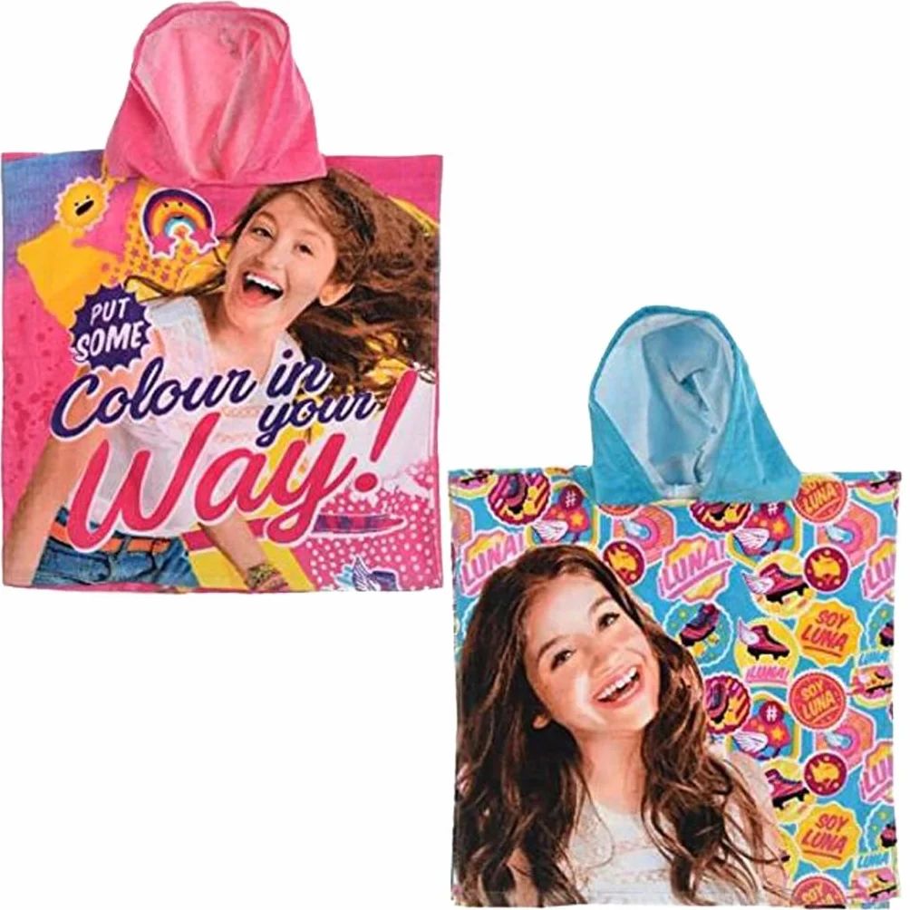 Disney Soy Luna dziewczęce ponczo kąpielowe z kapturem ze 100% bawełny, niebieskie (motywy wrotek)