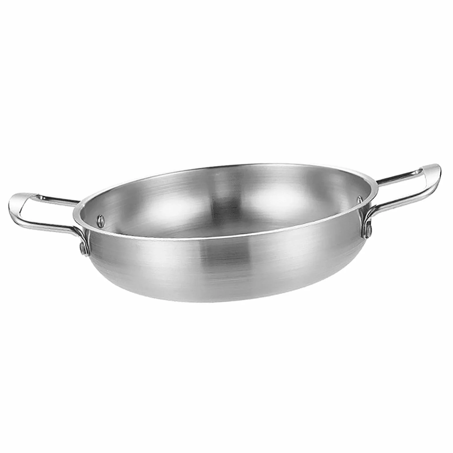 Ejoyous Patelnia do gotowania wok, 20 cm, ze stali nierdzewnej z podwójnym uchwytem, 1350 ml, patelnia z płaskim dnem, do gotowania owoców morza, smażonego ryżu, głębokiego mieszania (kolor srebrny)