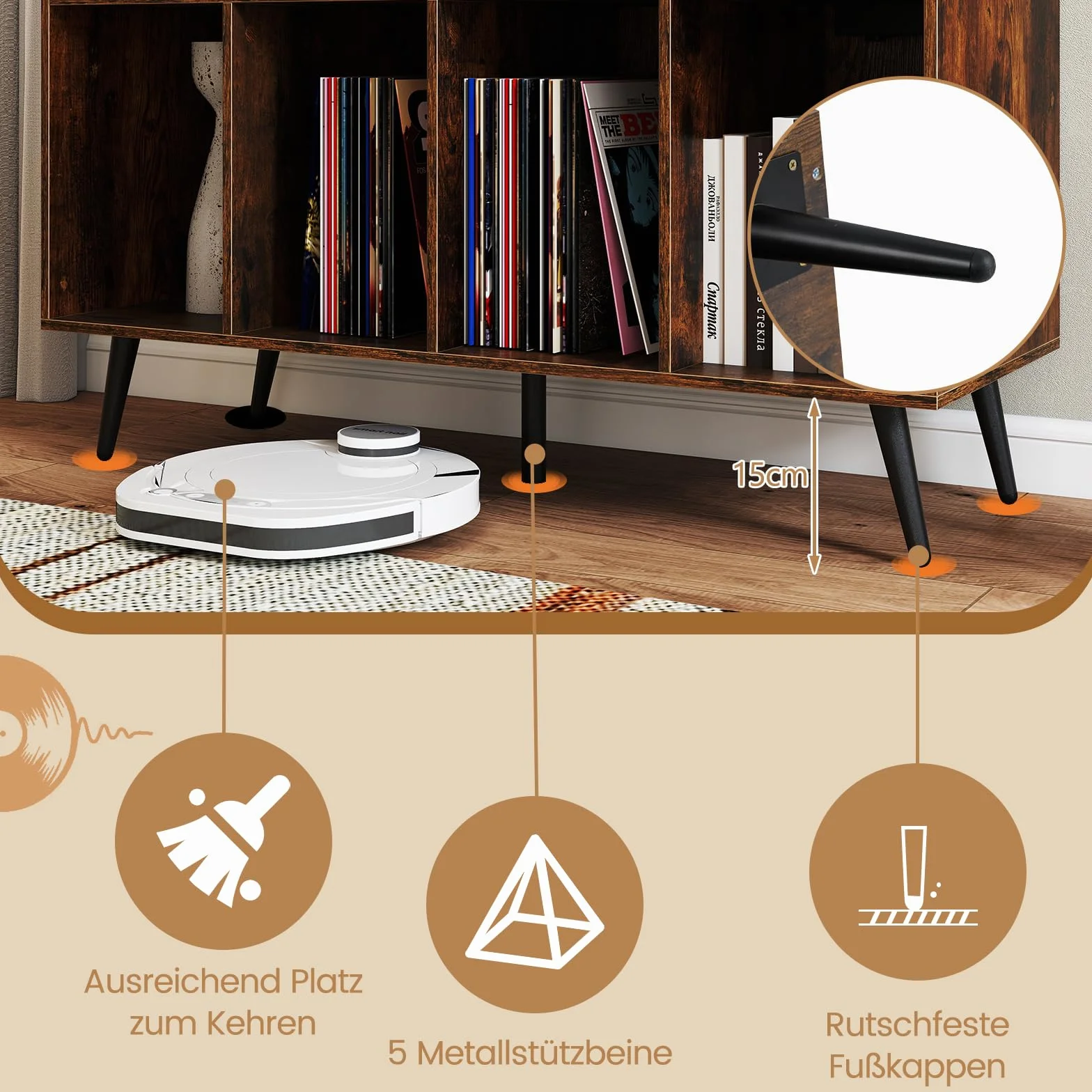 COSTWAY Stojak na gramofon ze stacją ładującą, 4 półki winylowe, szafka, stół do przechowywania płyt