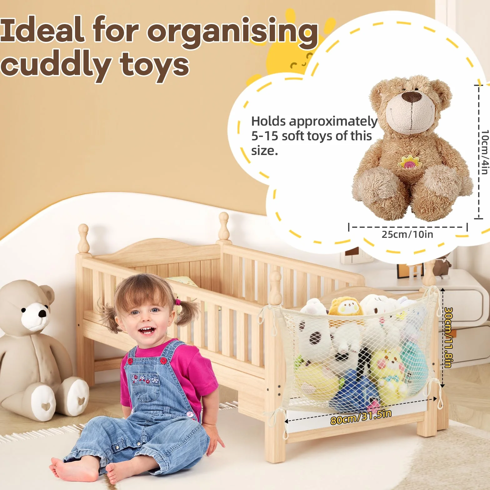 Torba na pluszowe zwierzątka dla dzieci, miękki organizer na przytulankę do zawieszenia z bawełnianą siatką z mocowaniem do sypialni (Beige, 2 szt.)