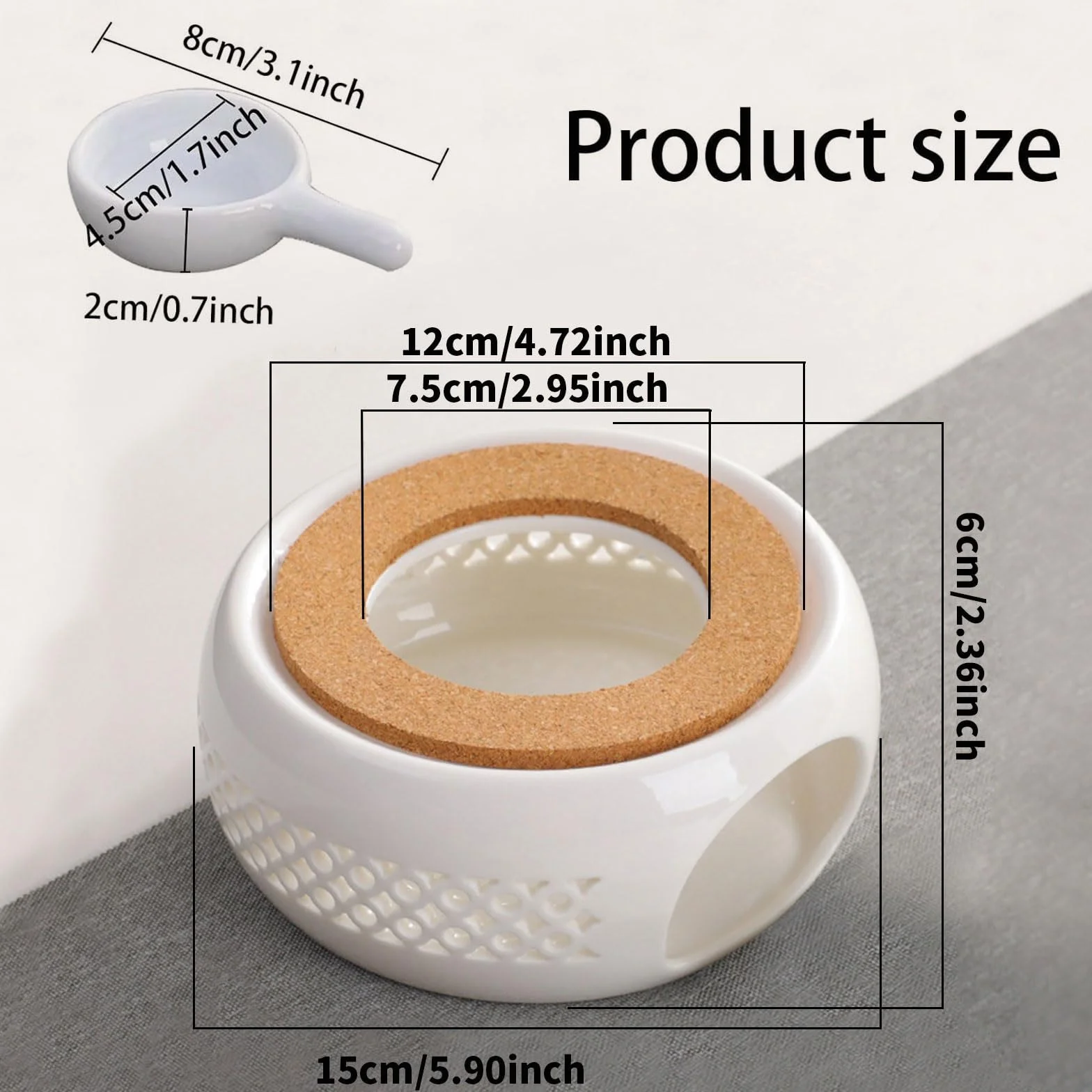 Ceramiczny podgrzewacz do czajnika z podkładką z korka, biały, z łyżeczką