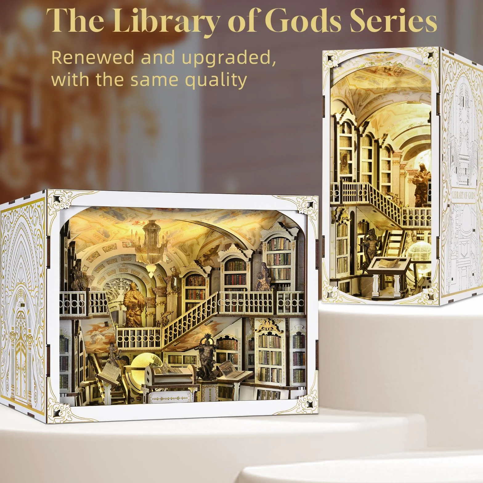 MiniCity Book Nook Kit, miniaturowy domek dla lalek, zestaw książek, drewniane puzzle 3D, podpórka na książki, dekoracja z oświetleniem LED, dla młodzieży i dorosłych (Library of Gods Max)