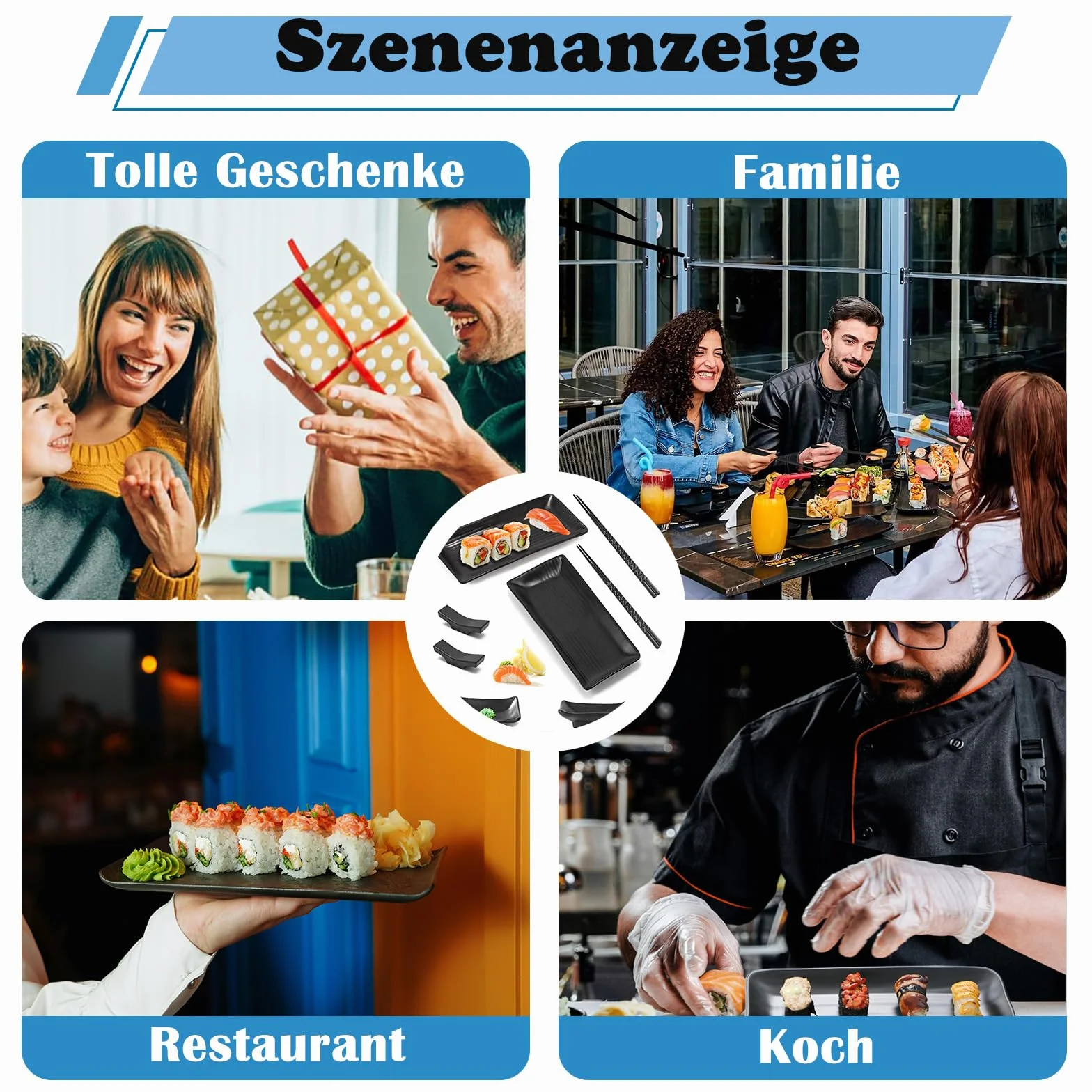 Zestaw 8 japońskich naczyń do sushi, talerze z miseczkami do dipów, 2 pary pałeczek, 2 półki