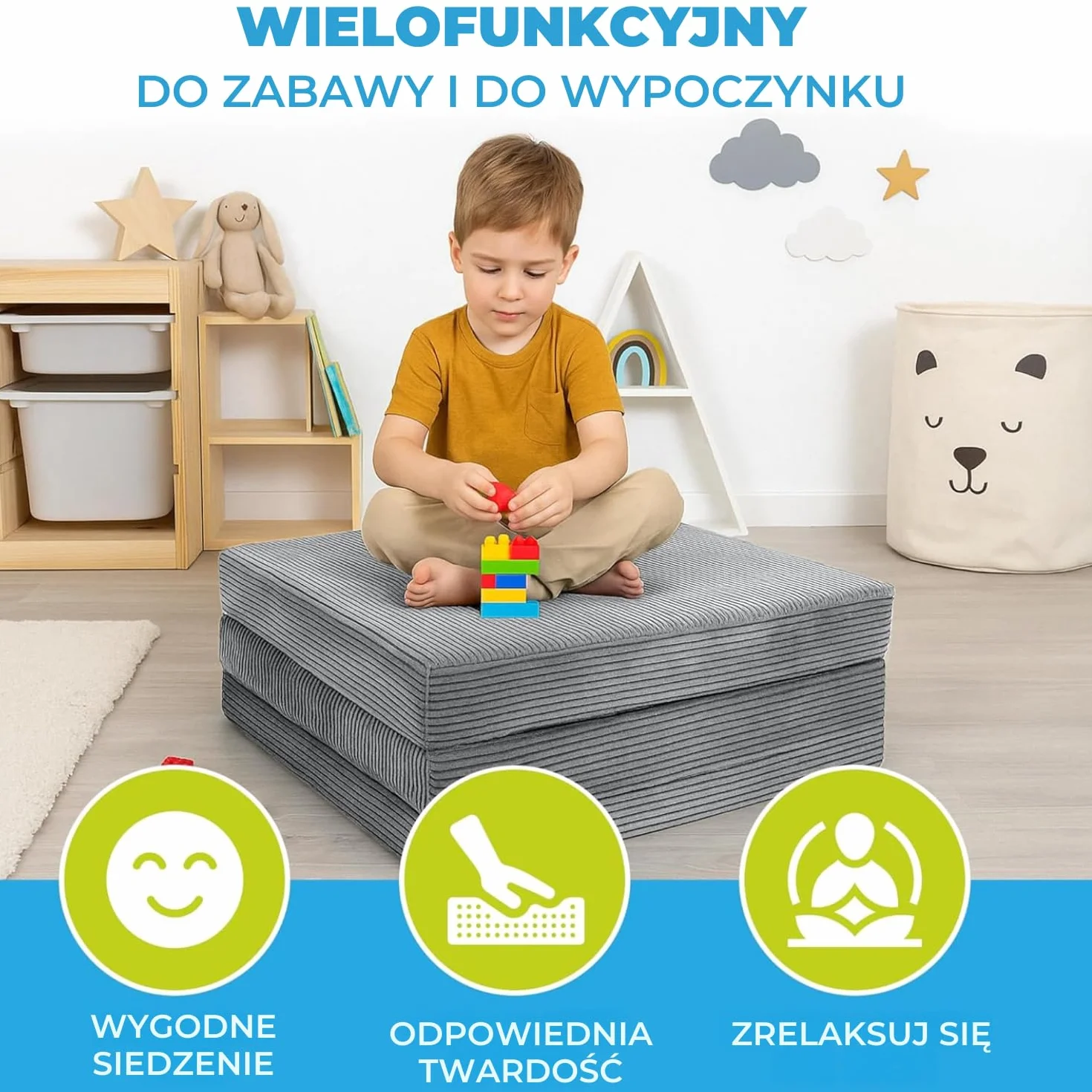 Składany materac 195x120x15 cm z uchwytami i zdejmowanym pokrowcem | Materac gościnny i turystyczny | Oeko-TEX | Składana mata do spania dla dzieci, gości, do podróży | Jasnoszary
