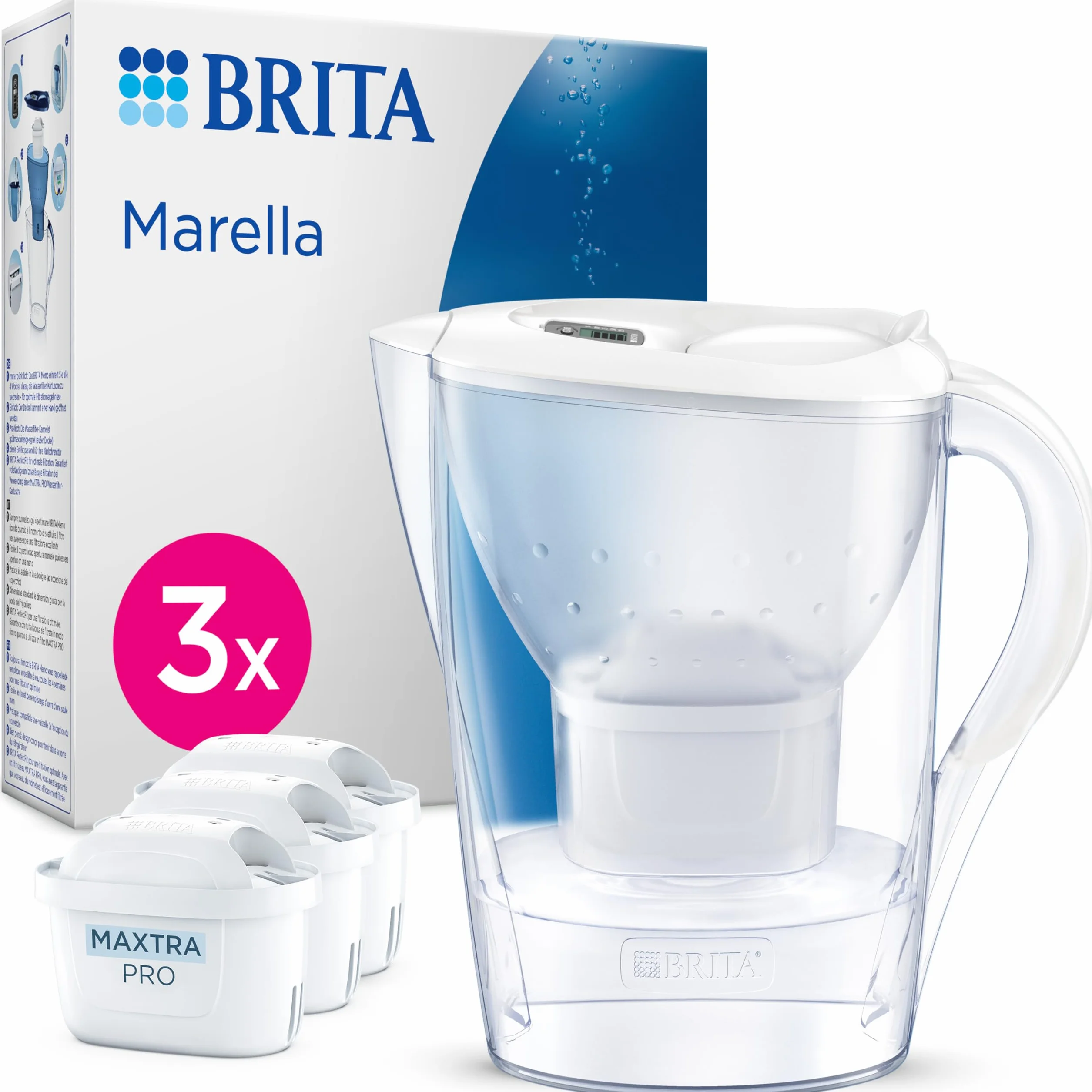 BRITA Dzbanek filtrujący Marella biały (2,4 l) z 3 oryginalnymi filtrami BRITA MAXTRA PRO Pure Performance redukującymi chlor, kamień, PFAS i metale – elegancja i funkcjonalność