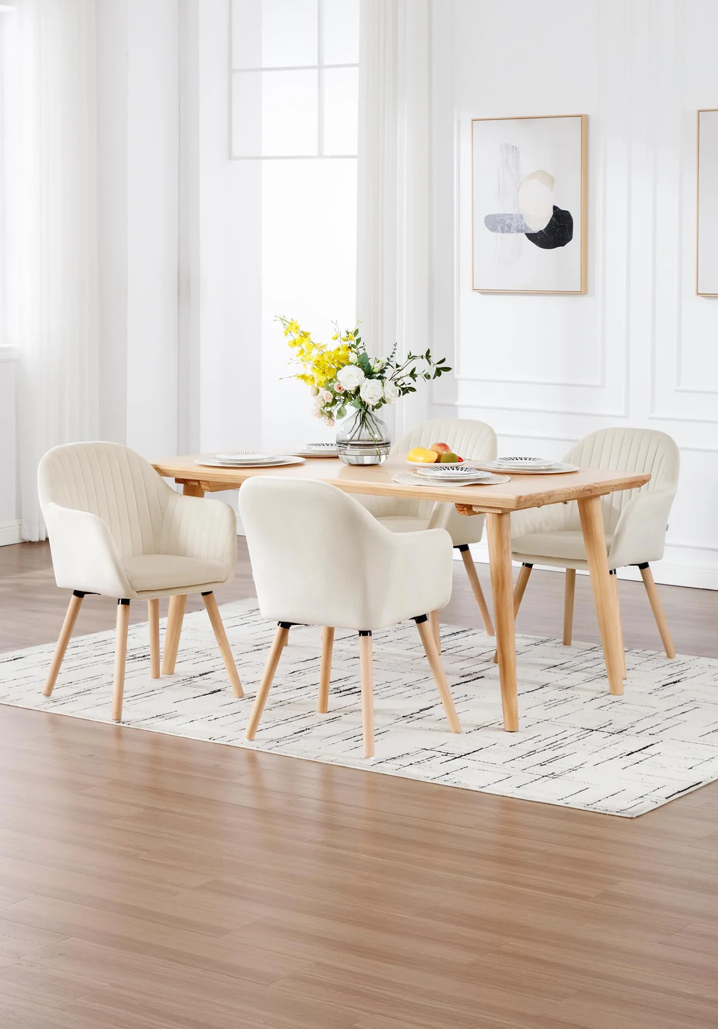 WOLTU 2 x krzesło do jadalni, krzesło kuchenne, tapicerowane, do salonu, designerskie krzesło z podłokietnikami, aksamitne, lite drewno, kremowo-biały BH95cm-2