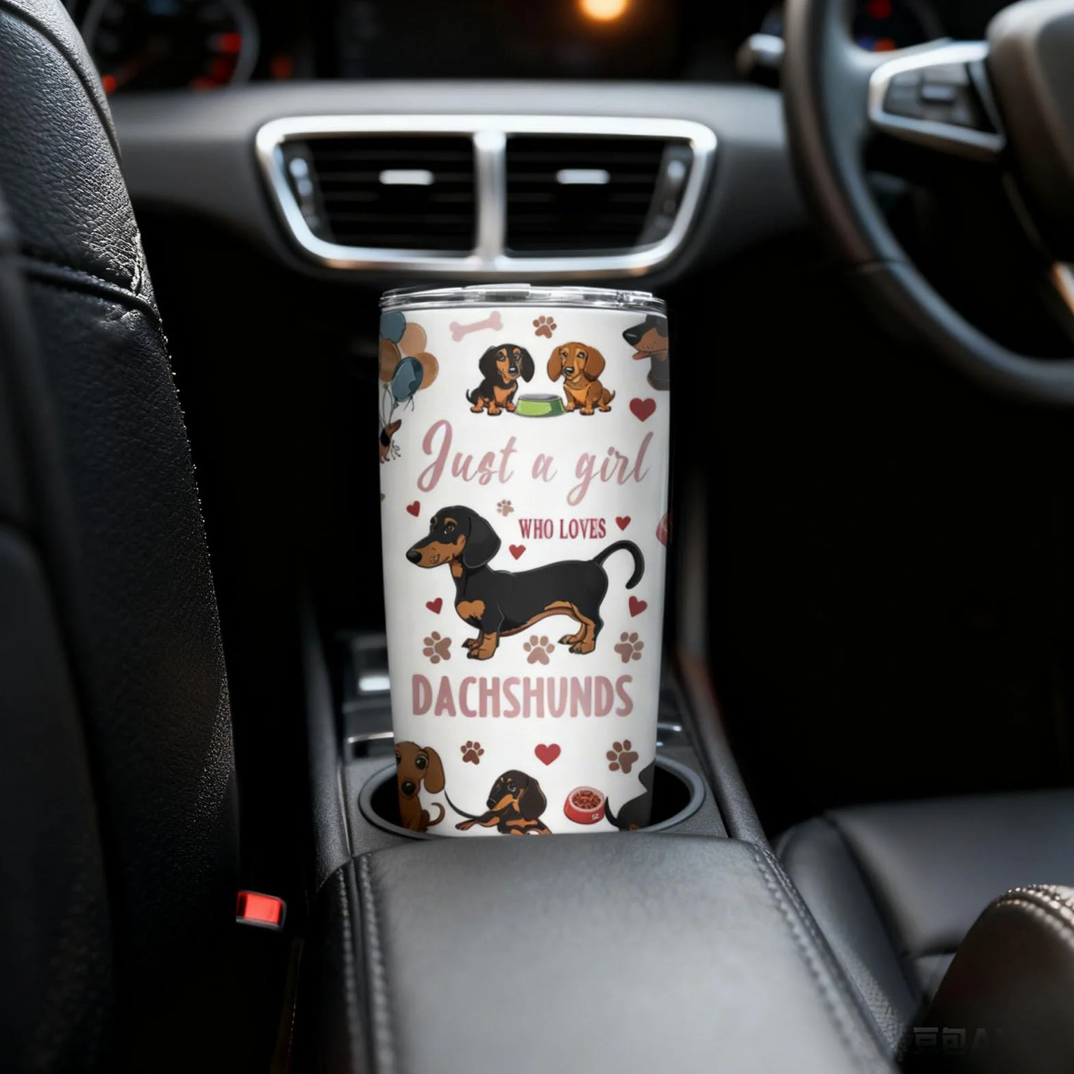 Onperpoe Kubek ze stali nierdzewnej, 590 ml, z podwójnymi ściankami, izolowany kubek z pokrywką i słomką, ze wzorem jamnika, kubek termiczny do kawy, do biura, na podróż, piknik