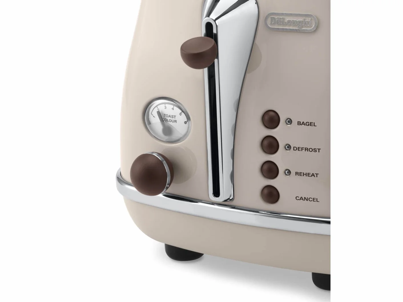 De'Longhi Icona Vintage CTOV 2103.BG toster z 2 gniazdami z nasadką do bułek, toster z 6 poziomami opiekania, funkcja rozmrażania i podgrzewania, ze stali nierdzewnej w eleganckim stylu retro, beżowy