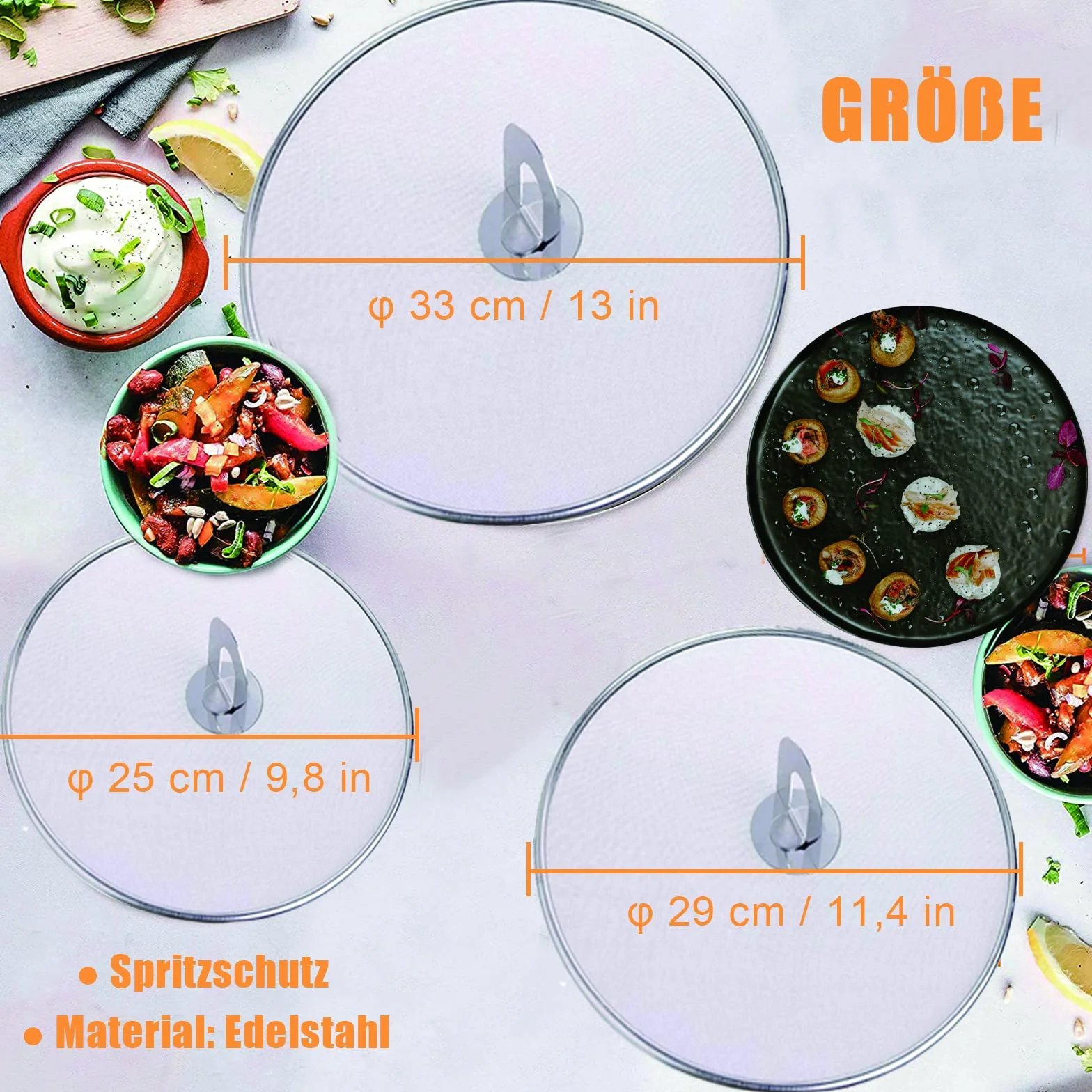 Ochrona przed pryskaniem, 3 sztuki ze stali nierdzewnej, ochrona przed pryskaniem ze składanym uchwytem kuchennym, Ø 25/32/33 cm, patelnia z ochroną przed pryskaniem