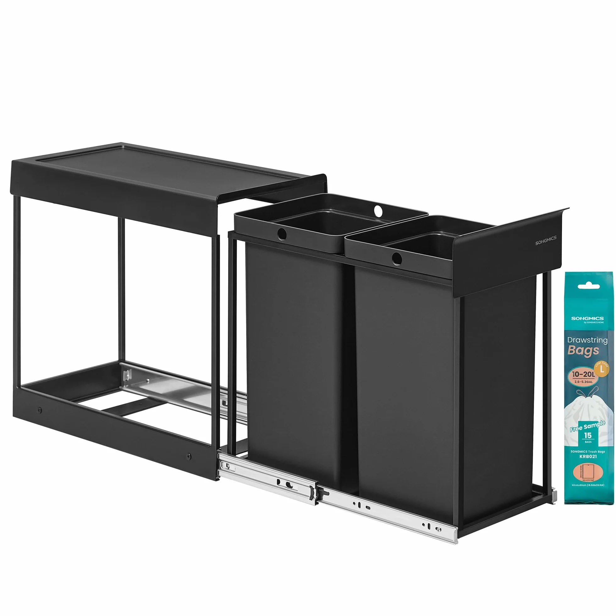 SONGMICS Kosz na odpady kuchenne, system segregacji odpadów pod szafką, 2 x 15 l, 2-komorowy, wysuwany, rama stalowa, pokrywa ABS, kolor czarny atramentowy LTB950B01