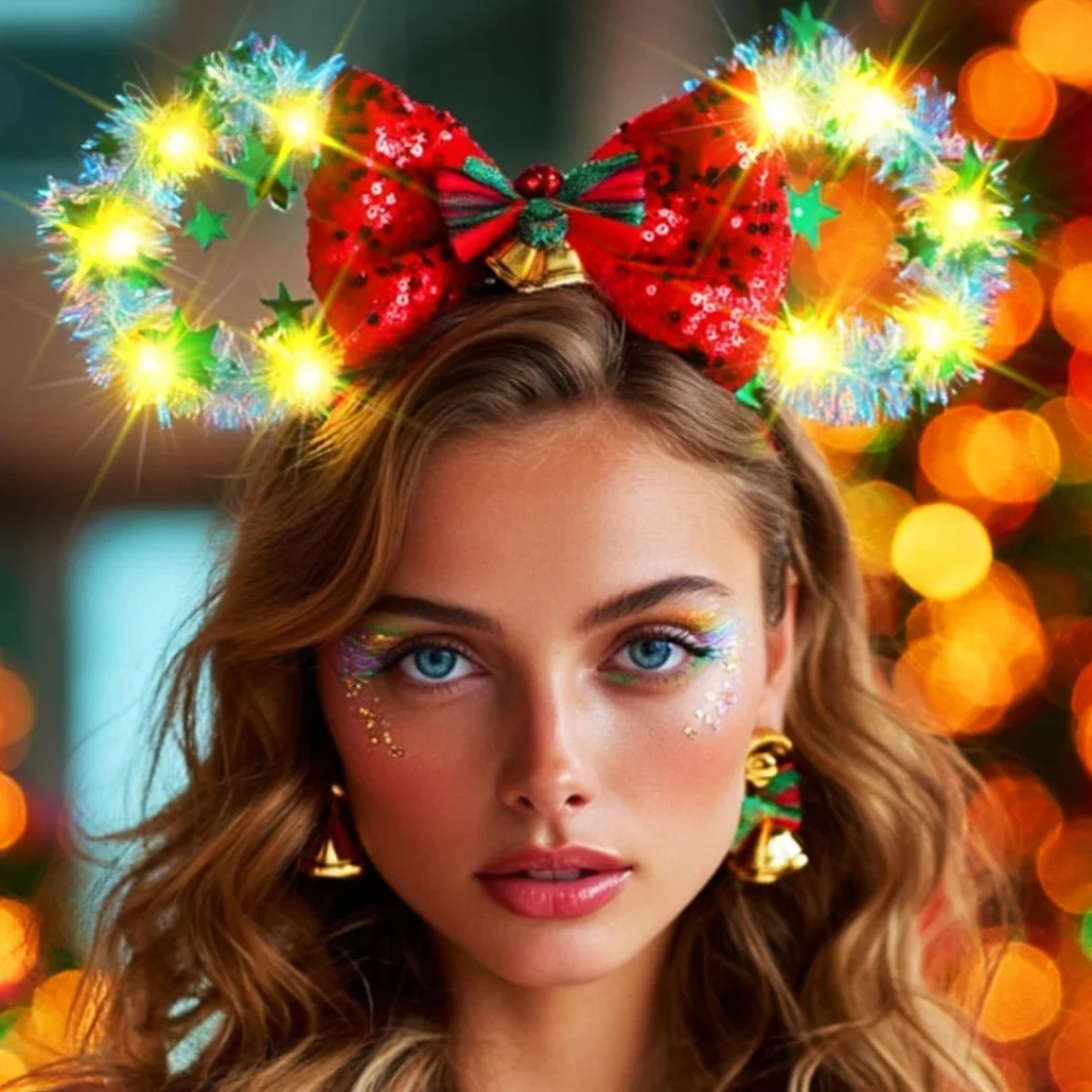 Zoestar Świecąca opaska na głowę LED opaska na uszy mysz Boże Narodzenie kokarda obręcz do włosów kostium festiwal akcesoria do włosów dla kobiet (czerwona zieleń, jeden rozmiar)