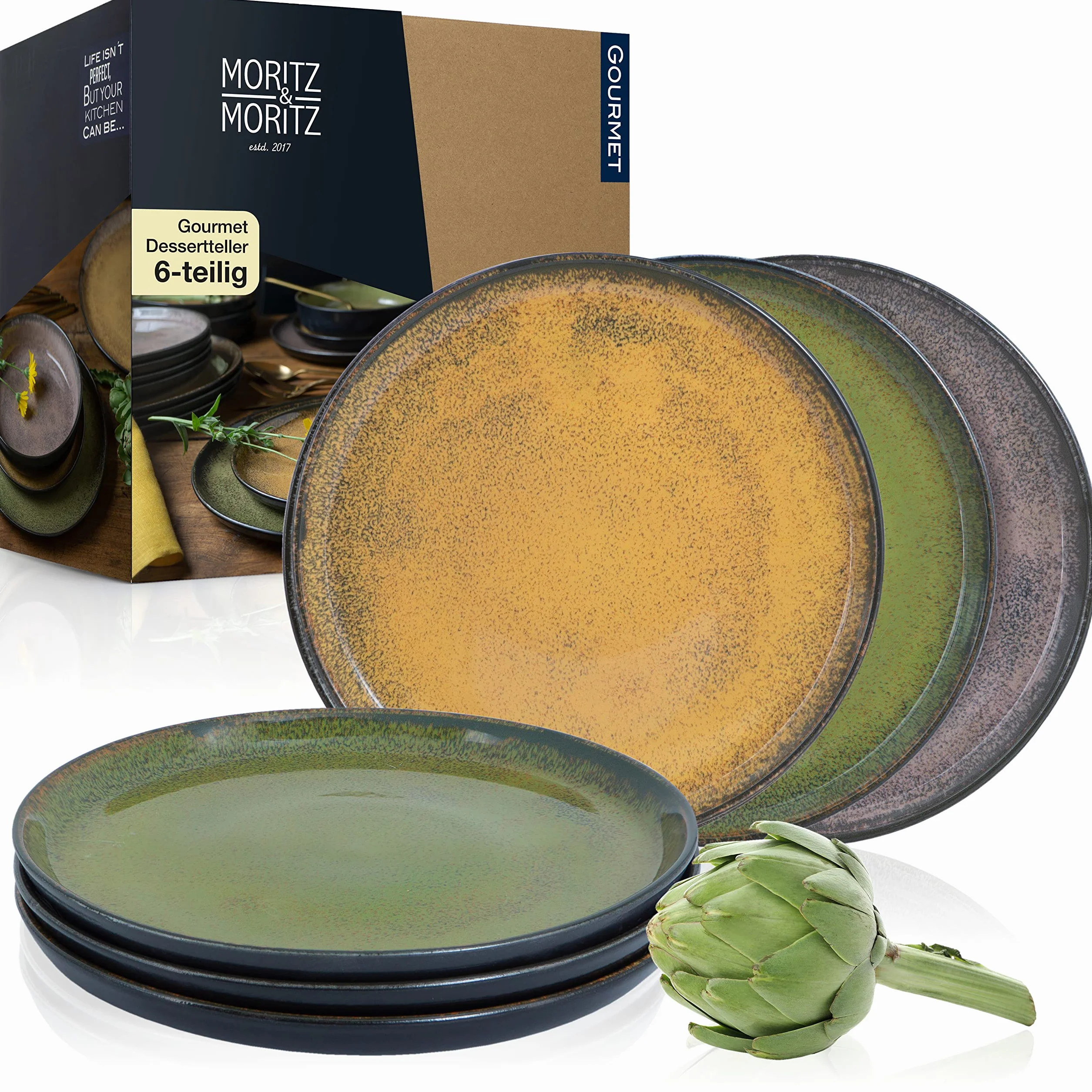 Moritz & Moritz zestaw 6 talerzy deserowych w odcieniach czerwieni, żółtego i zielonego - talerze na ciasto dla 6 osób - porcelana, nadaje się do mycia w zmywarce i używania w kuchence mikrofalowej