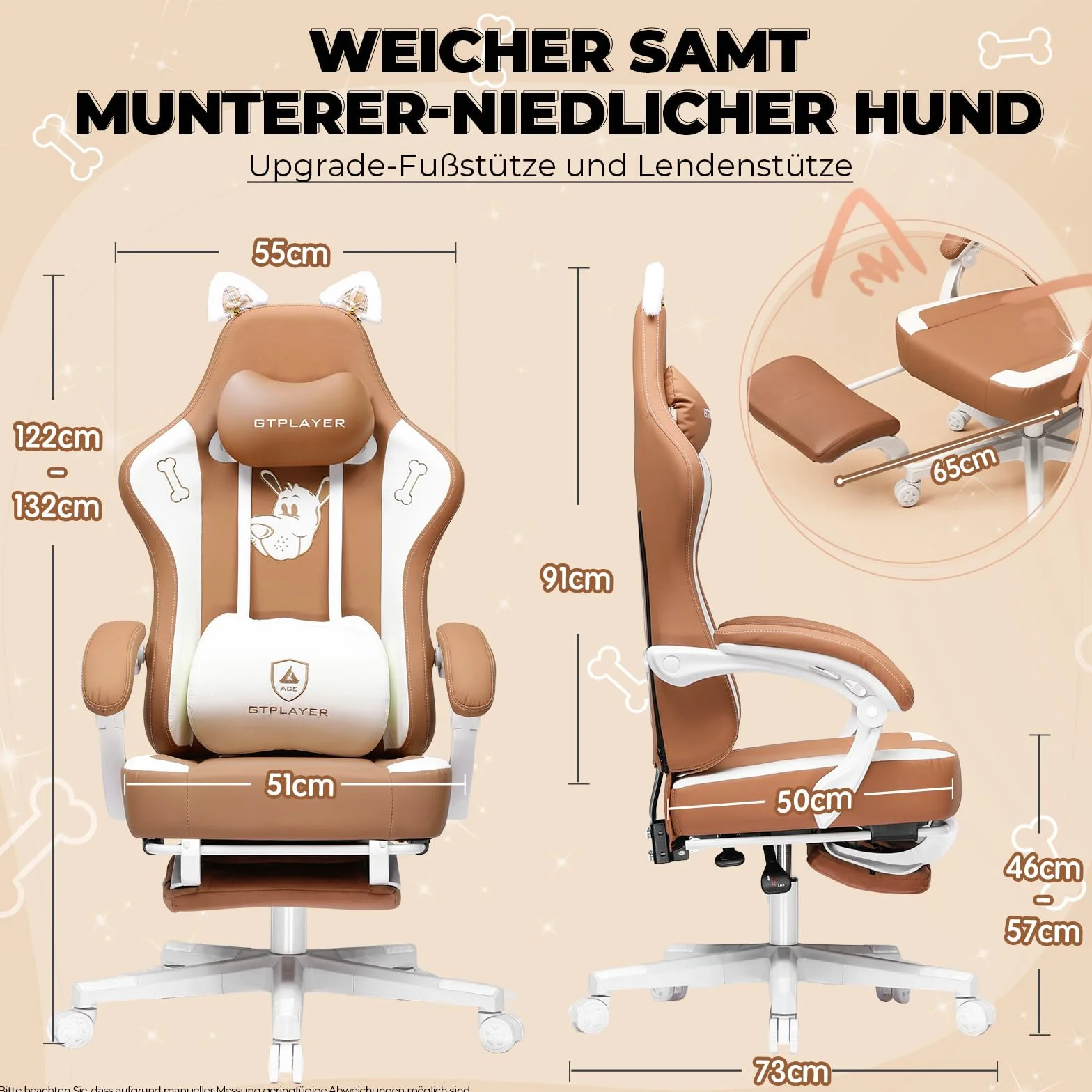 GTPLAYER Urocze krzesło gamingowe, ergonomiczne krzesło biurowe dla graczy z kocimi uszami, pianka memory i podnóżek, 150 kg, sztuczna skóra, brązowe