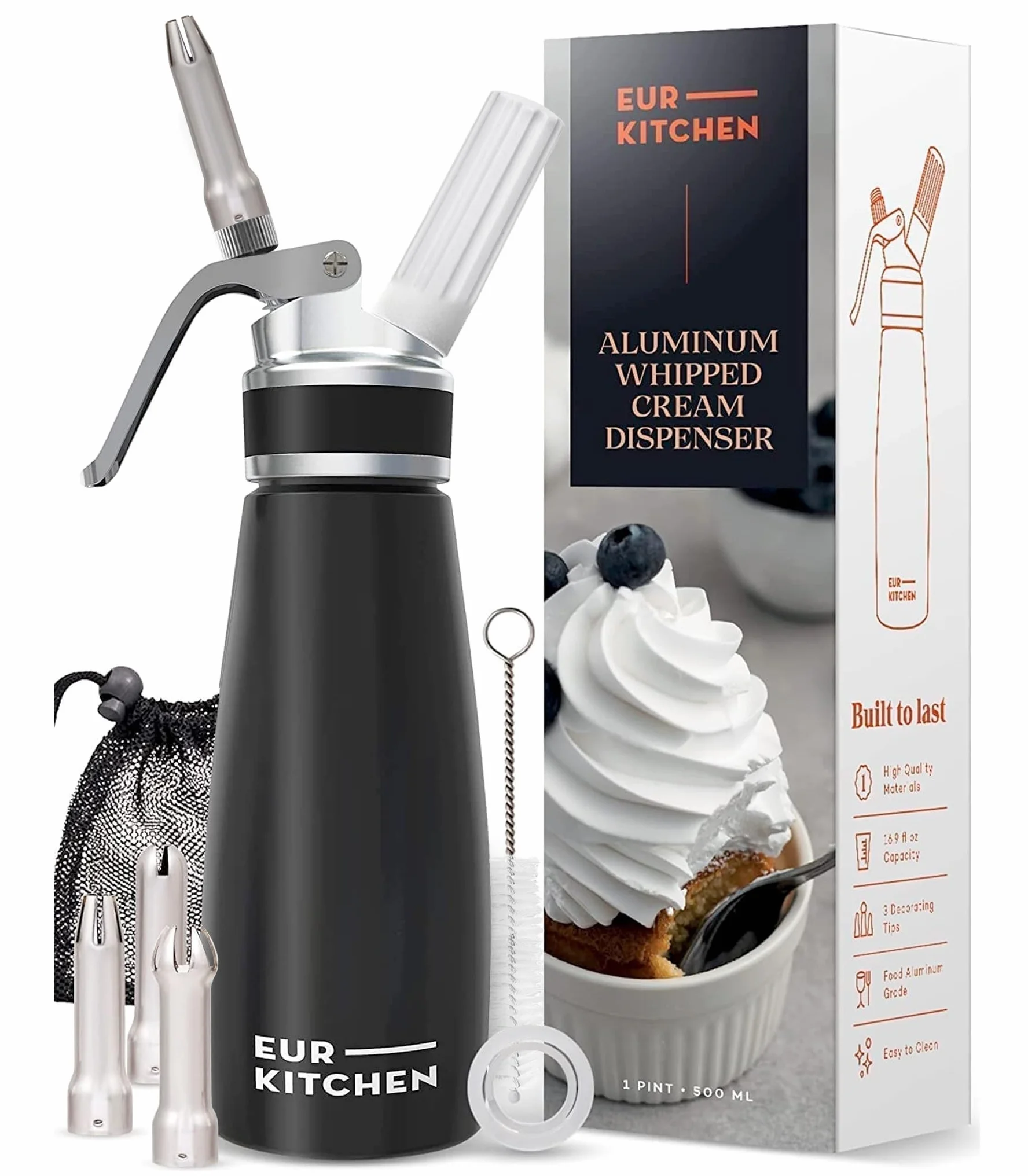 EurKitchen aluminiowy dozownik do bitej śmietany 500 ml z 3 dyszami