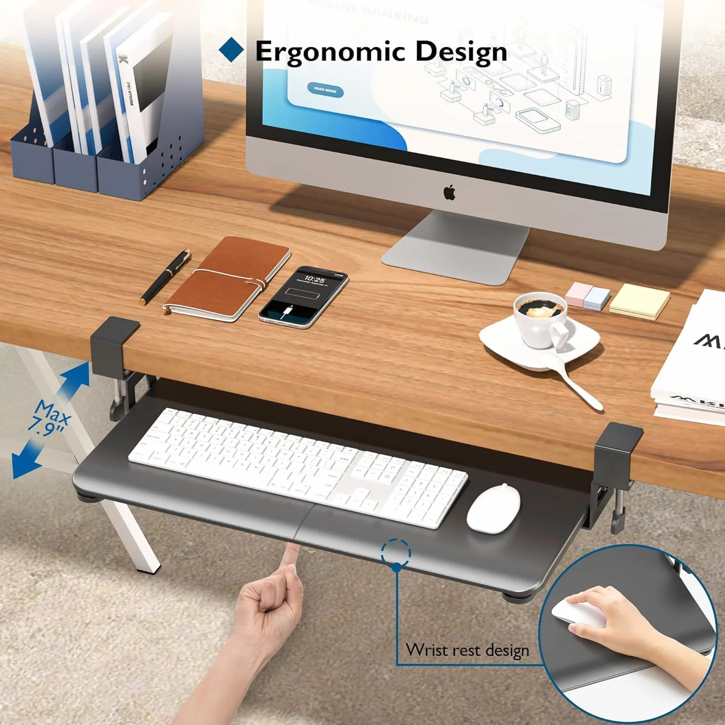 BONTEC Taca na Klawiaturę Pod Biurko, Wysuwana Szuflada na Klawiaturę z Solidnym Zaciskiem C, 650 x 300 mm, Ergonomiczne Rozwiązanie do Domu i Biura