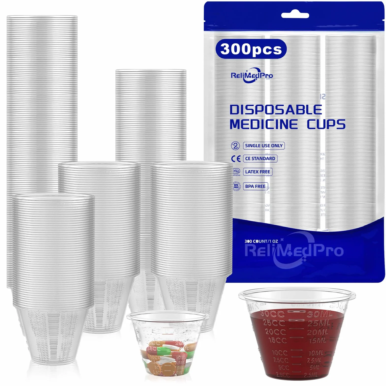 ReliMedPro Plastikowe kubki na leki 30 ml 300 sztuk pomiarowe do płynnych leków
