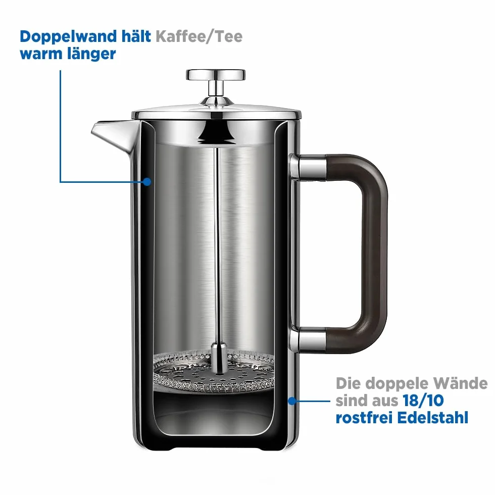 Ecooe French Press zaparzacz do kawy 1,5 L stal nierdzewna 18/10 3 filtry