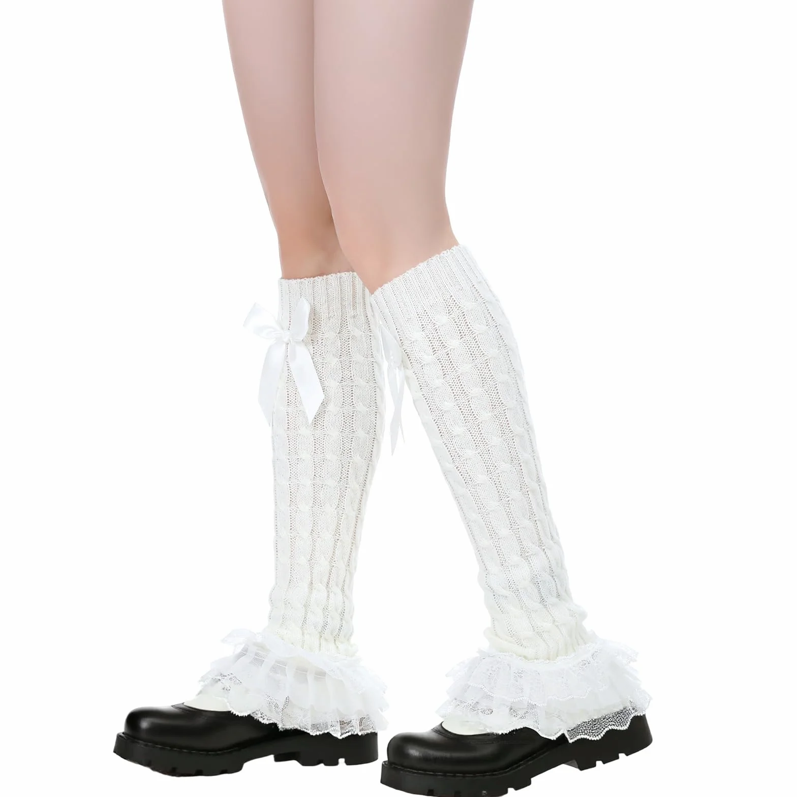 CIATBYYJ Damskie ocieplacze na nogi Y2k, kokardka, koronkowe, dziergane ocieplacze na nogi, ciepłe getry Y2K vintage, moda damska, długie ocieplacze na nogi na zimę
