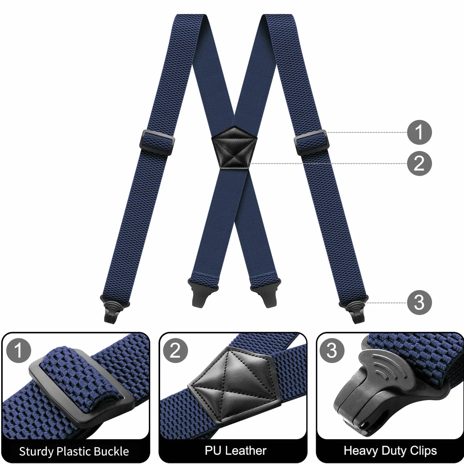 Suspenders for Men Heavy Duty 1,6 cala Wide Airport Friendly Hidden Suspenders with 4 Plastic Gripper Clasps Adjustable Elastic Braces for Casual Work X-Back ciemnoniebieski