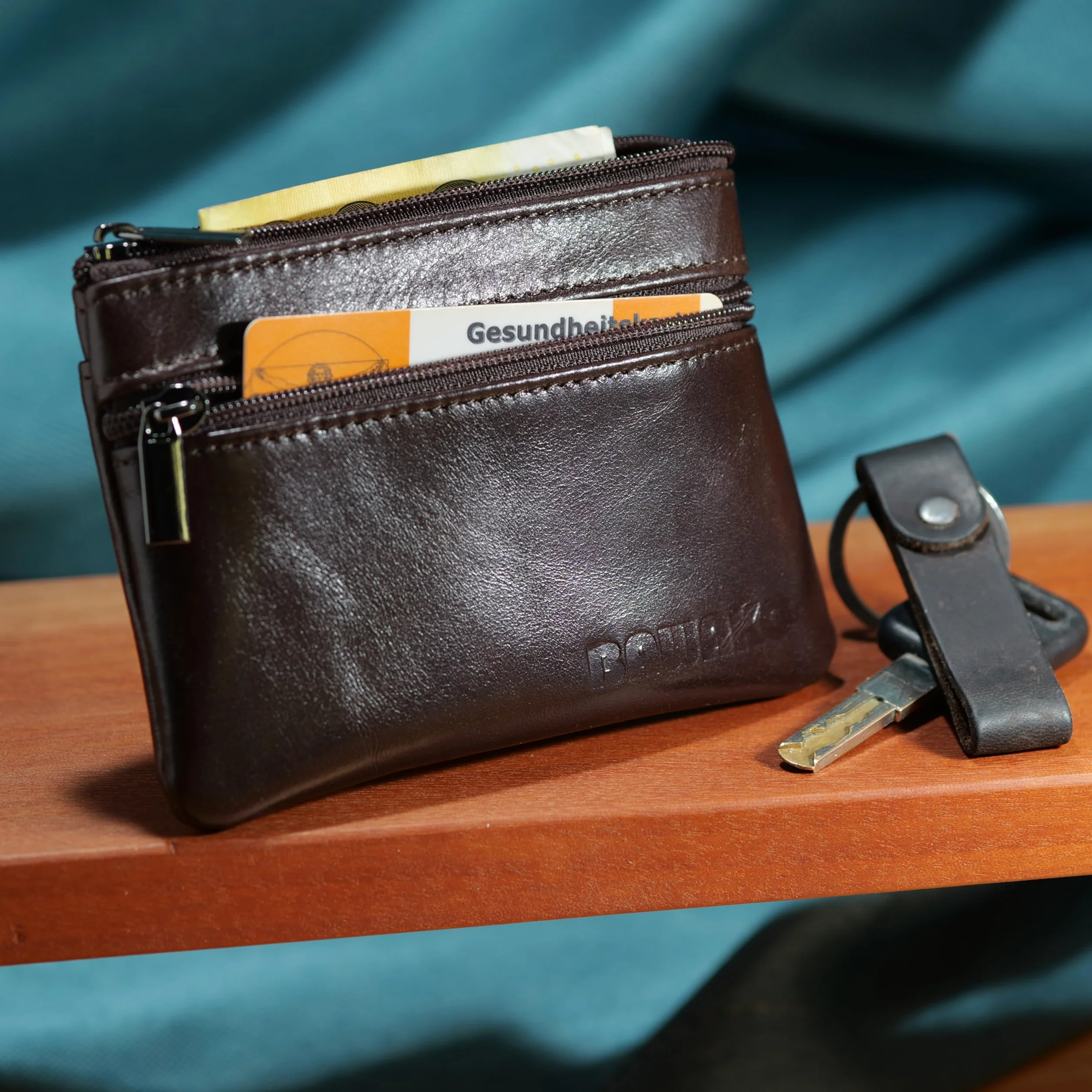duże etui na klucze 3 przegródki zapinane na suwak prawdziwa skóra, etui na klucze dla kobiet, mężczyzn, dzieci (ciemny brąz, W9/L13)