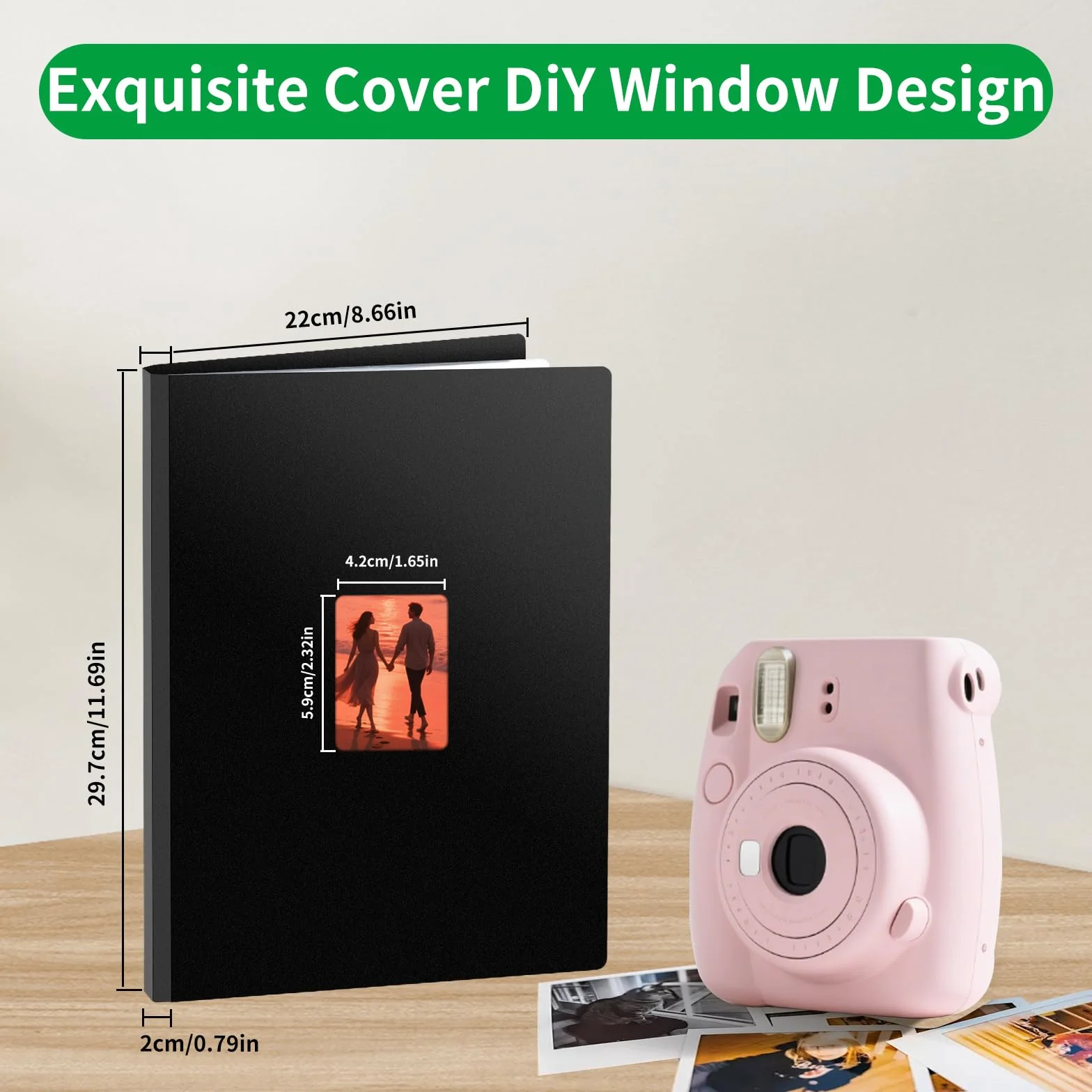FRETONBA Album Fotograficzny Do Filmów Polaroid W Formacie 6×9 Cm, Album Fotograficzny Z Kieszonkami Do Zdjęć Instax Mini Z 216 Kieszonkami, Duży Fotoksiążka Z Okienkiem Z Przodu, Czarny