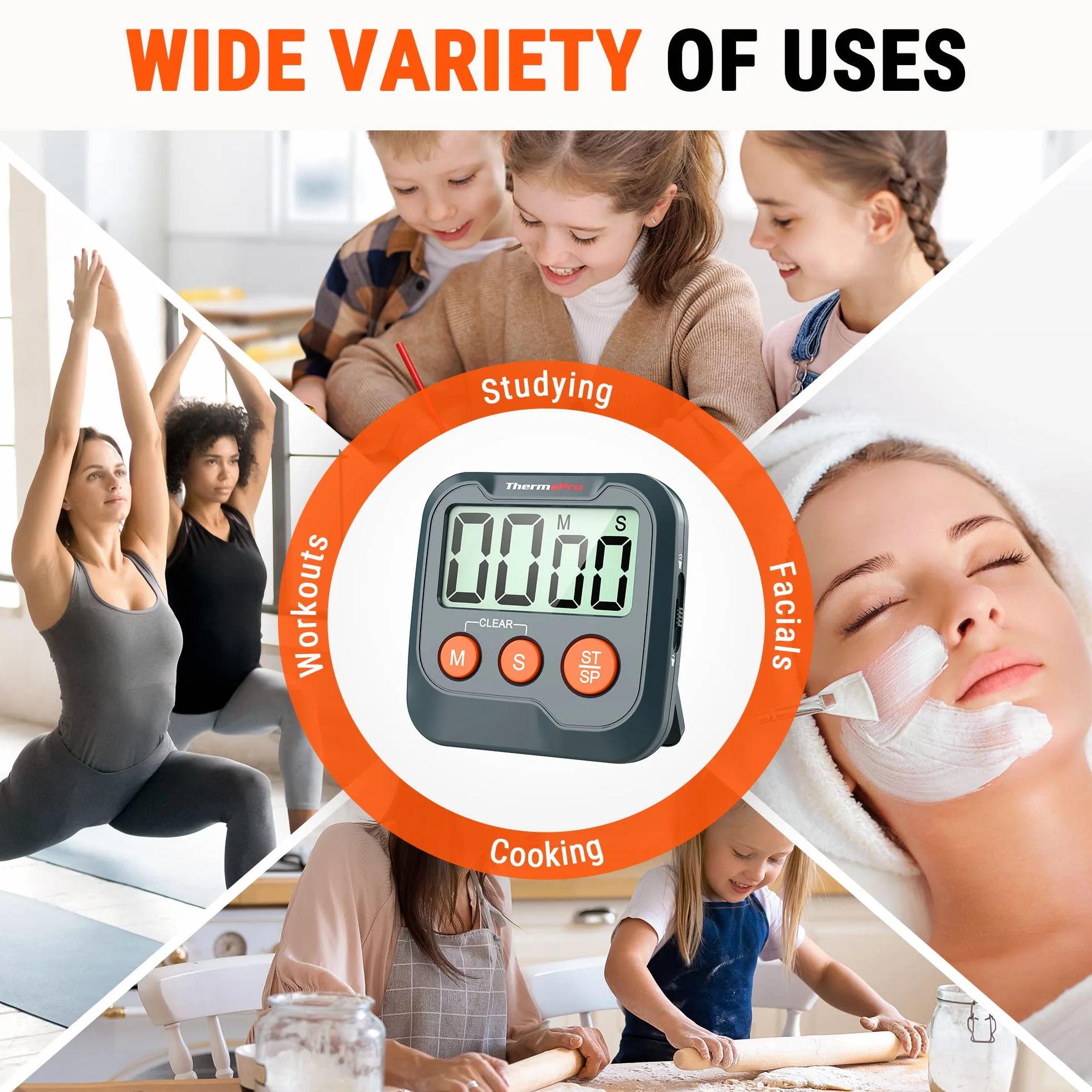 ThermoPro TM03W Cyfrowy Zegar Kuchenny Minutnik z Dużym Wyświetlaczem LCD i Alarmem