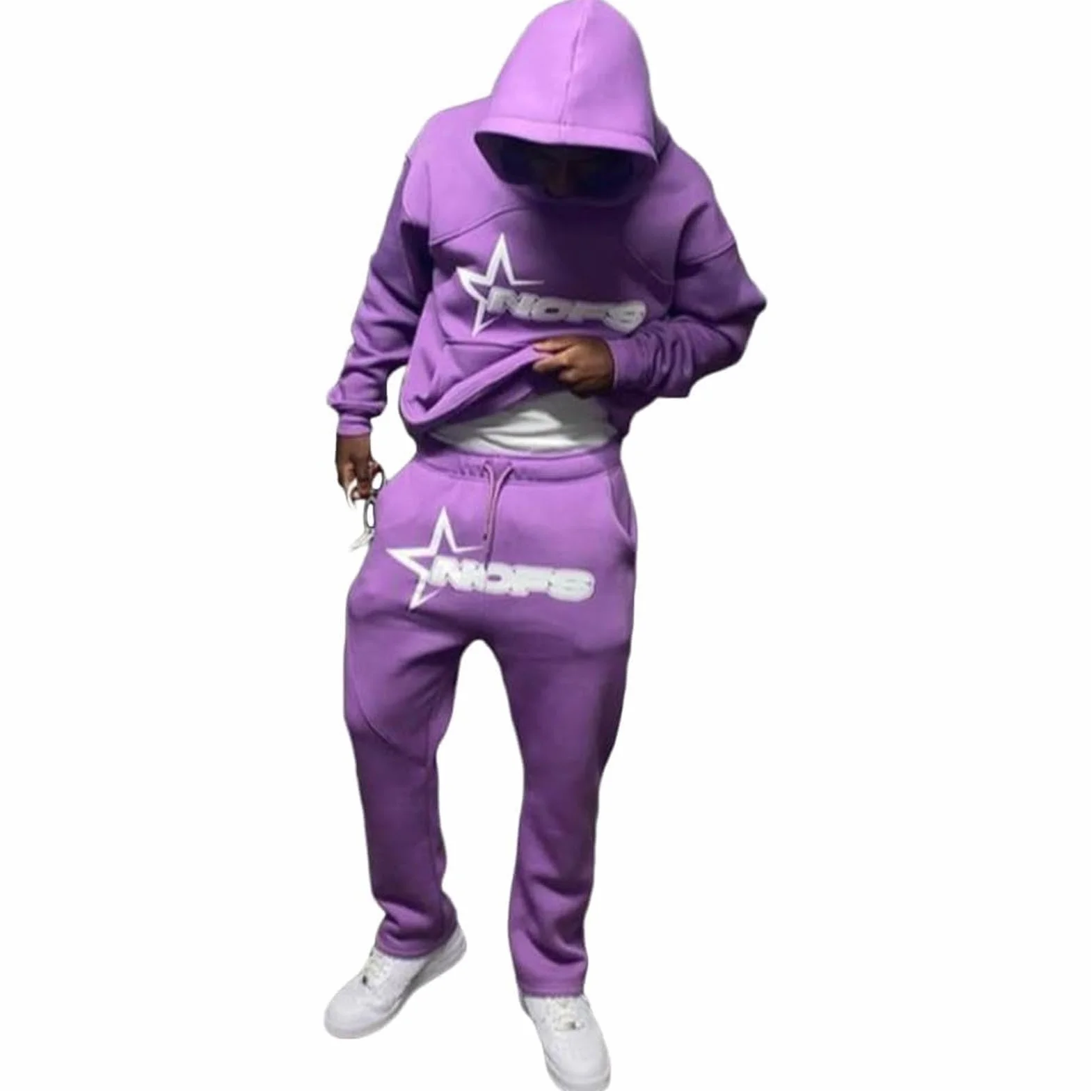 NOFS Męski dres do joggingu, Y2K, bawełna, 2 sztuki, bluza sportowa, bluza z kapturem Y2K + spodnie Nofs, męski dres sportowy, strój streetwear 2024, S