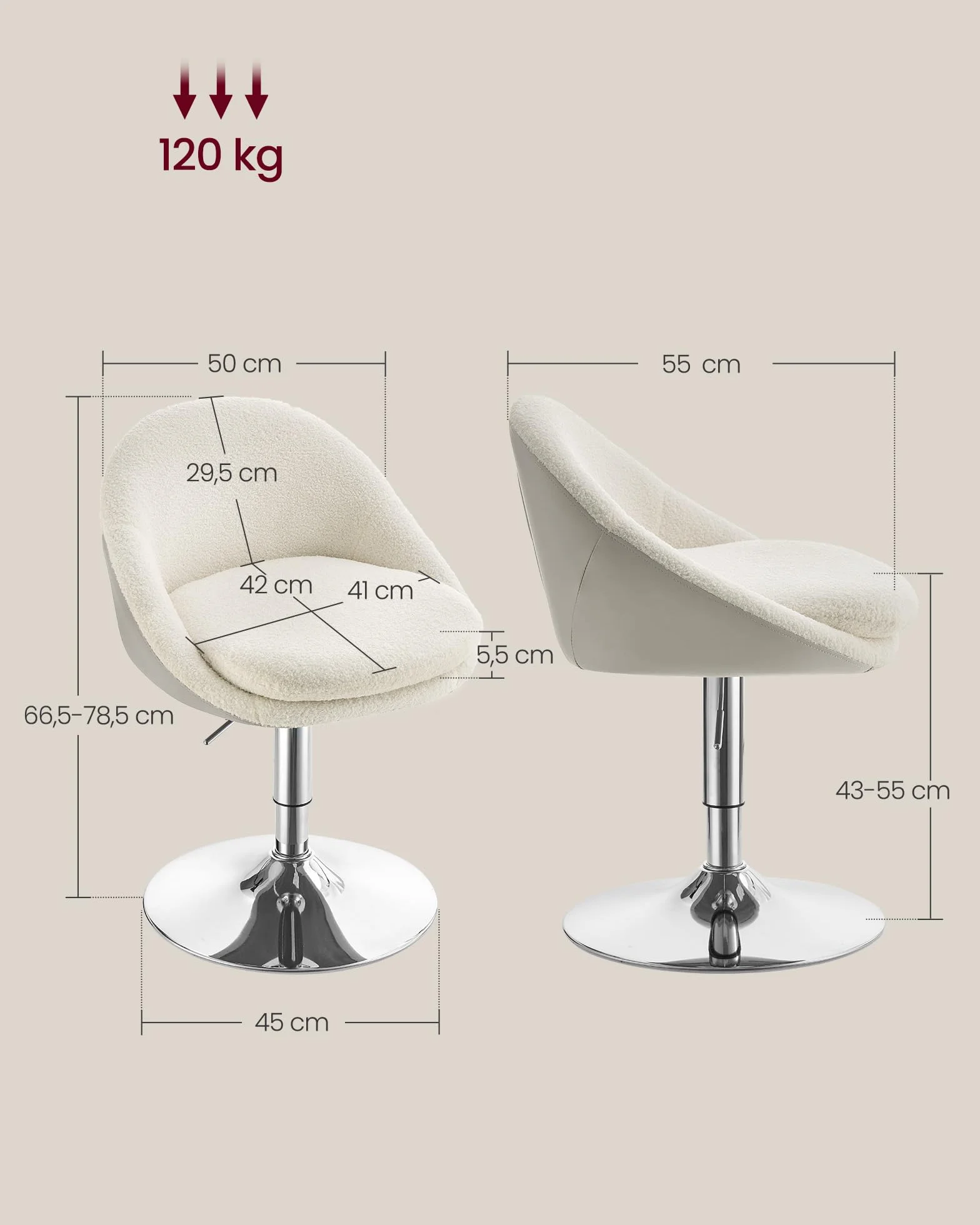 VASAGLE LJB100W88 Regulowana toaletka, krzesło biurowe, obrotowy stołek z oparciem, stal, do blatu, biura domowego, toaletki, jadalni, kremowo-biały i srebrno-szary