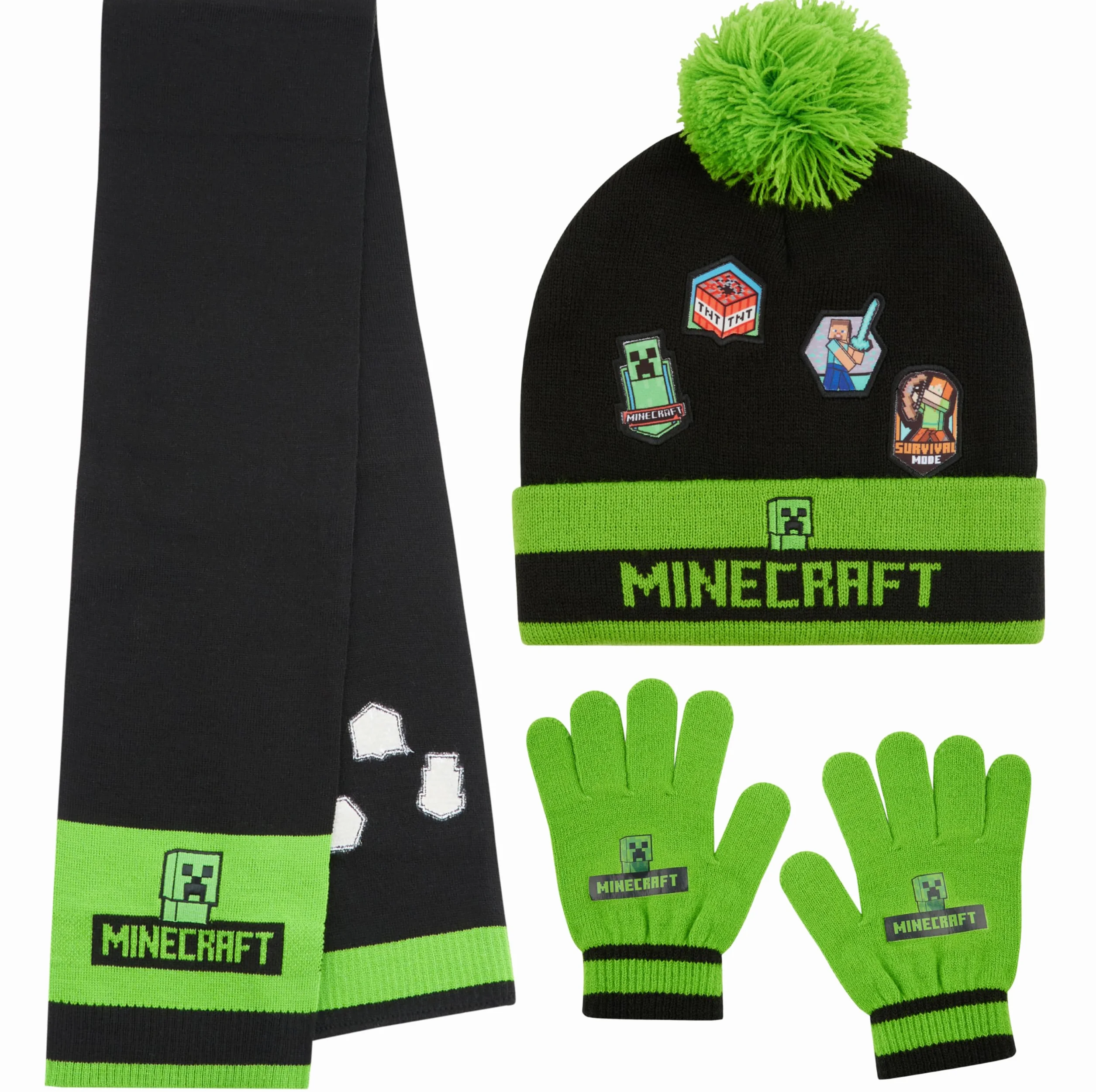 Minecraft Czapka beanie, szalik i rękawiczki, zestaw dla chłopców i dziewcząt