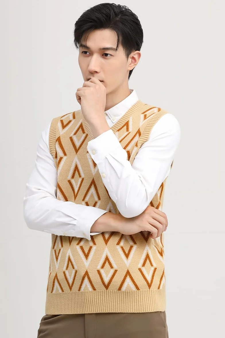 Męski V Neck Bezrękawy Dziany Sweter Jedny Kolor Męski Fit Top