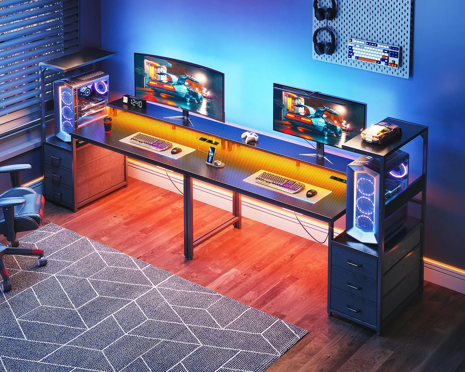 Coleshome Biurko Gamingowe LED 151 cm z Gniazdkiem i Szufladami, Stojak na Monitor, Włókno Węglowe Czarne