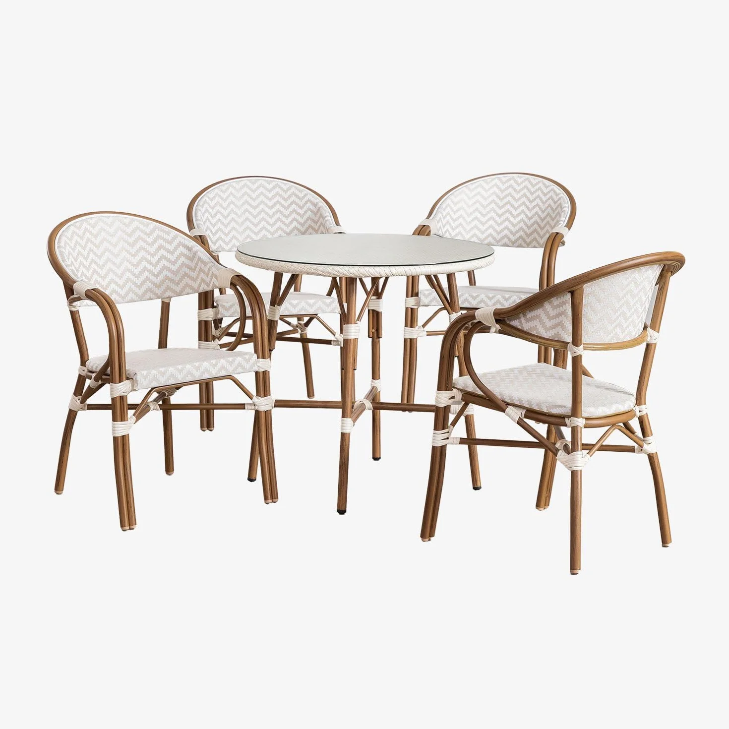 SKLUM Zestaw okrągłego stołu Brielle Bistro 80 cm 4 składane krzesła aluminiowe z podłokietnikami