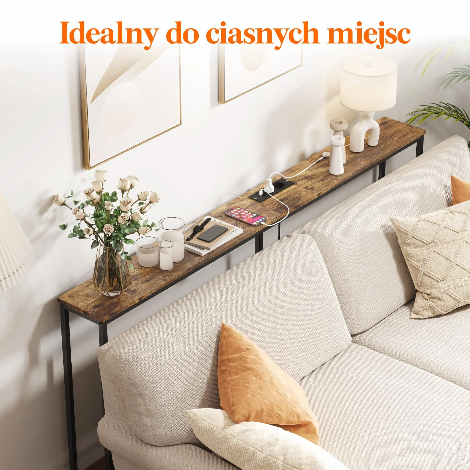 Lifewit 70.9" Wąski, długi stolik konsolowy z 2 gniazdami zasilania i portami USB do salonu, przemysłowy stolik do przedpokoju, korytarz biurowy za sofą, łatwy montaż, rustykalny brąz