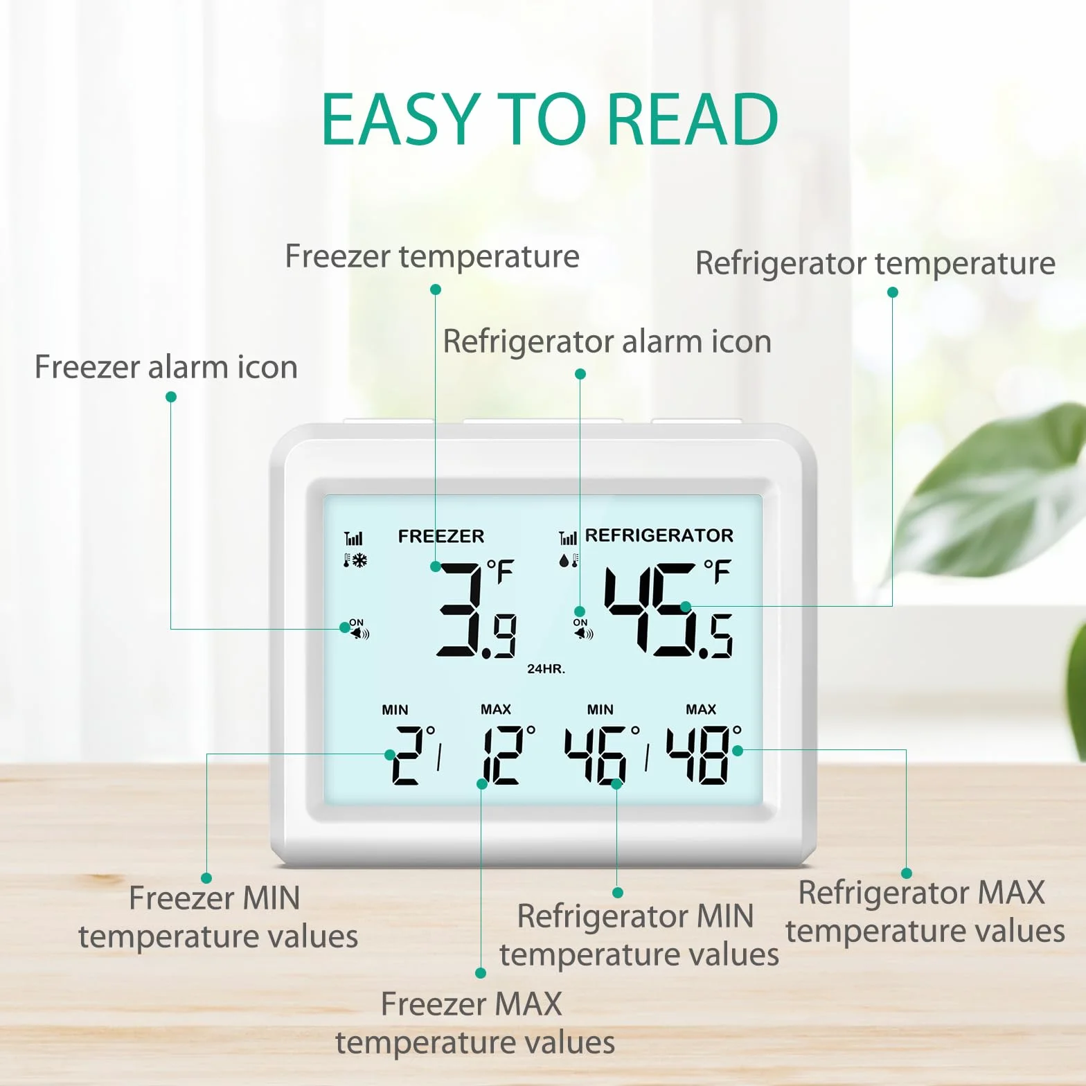 ORIA Cyfrowy termometr do lodówki 2 bezprzewodowe czujniki 3,7" ekran alarm min/max ℃/℉