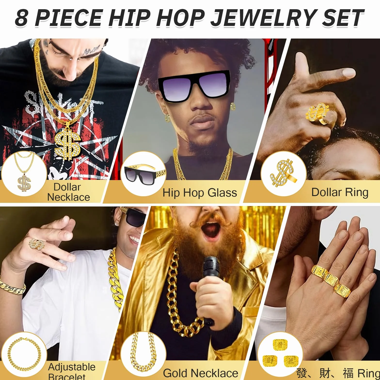 Zestaw 8-częściowy Hip Hop, Przebranie rapera z lat 80., Przebranie rapera z zestawem naszyjników, Złota łańcuch, Naszyjnik z znakiem dolara, Okulary przeciwsłoneczne, na Mardi Gras