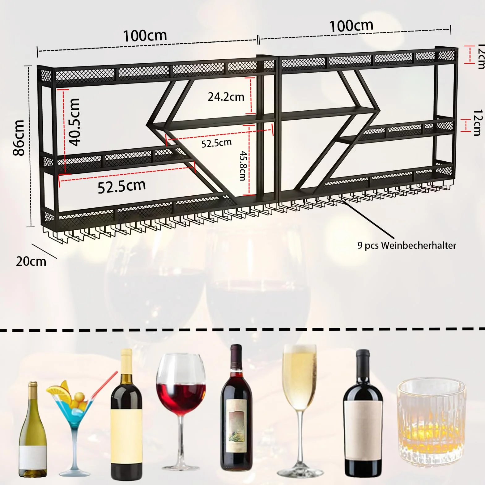Metalowy regał na wino z oświetleniem LED i modułowym uchwytem na butelkę wina do domu
