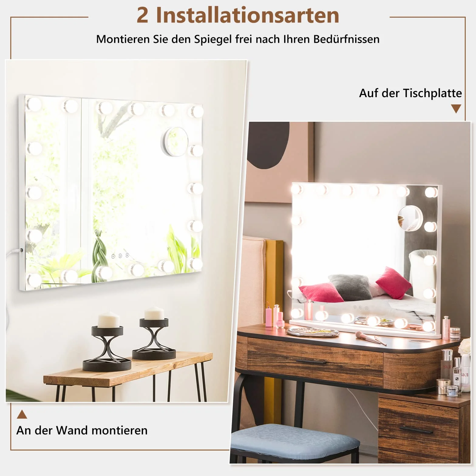 COSTWAY Lusterko do makijażu z oświetleniem 62,5 x 51 cm, 18 diod LED, lustro Hollywood z 3 kolorami światła i 4 jasnościami światła, inteligentny ekran dotykowy, lusterko kosmetyczne, 3-krotne