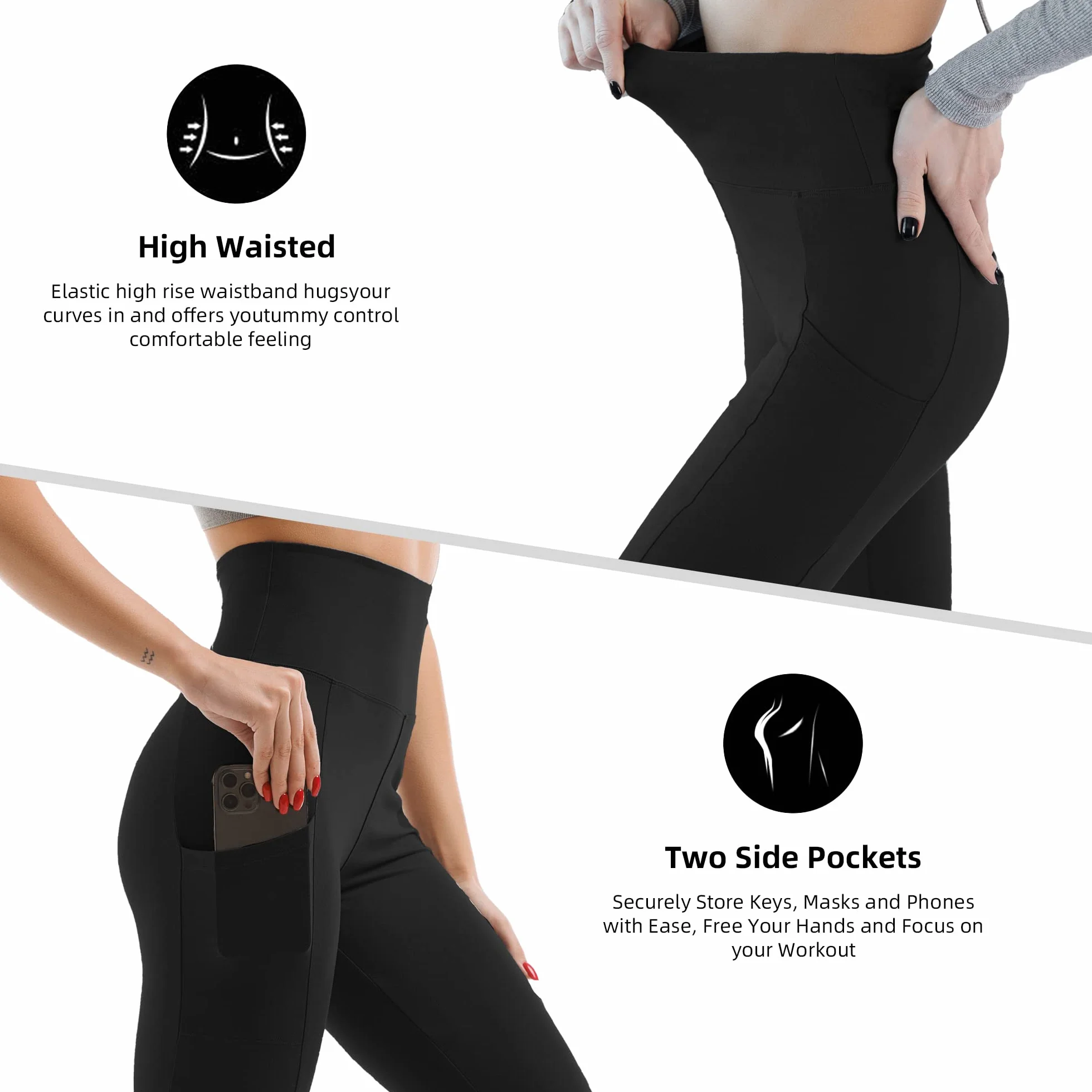 SINOPHANT Legginsy z wysokim stanem, z kieszeniami, dla kobiet, miękkie, elastyczne, nieprzezroczyste, modelujące brzuch, rozciągliwe, spodnie do jogi, S-M