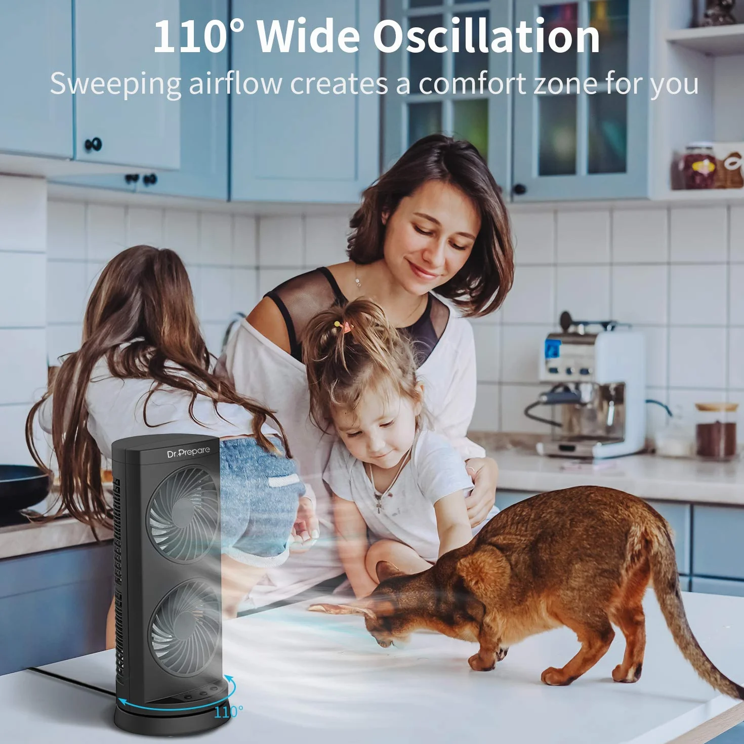 Dr. Prepare Oscylujący wentylator wieżowy, przenośny biurkowy, 3 prędkości, 110° oscylacja, 3 timery, cichy