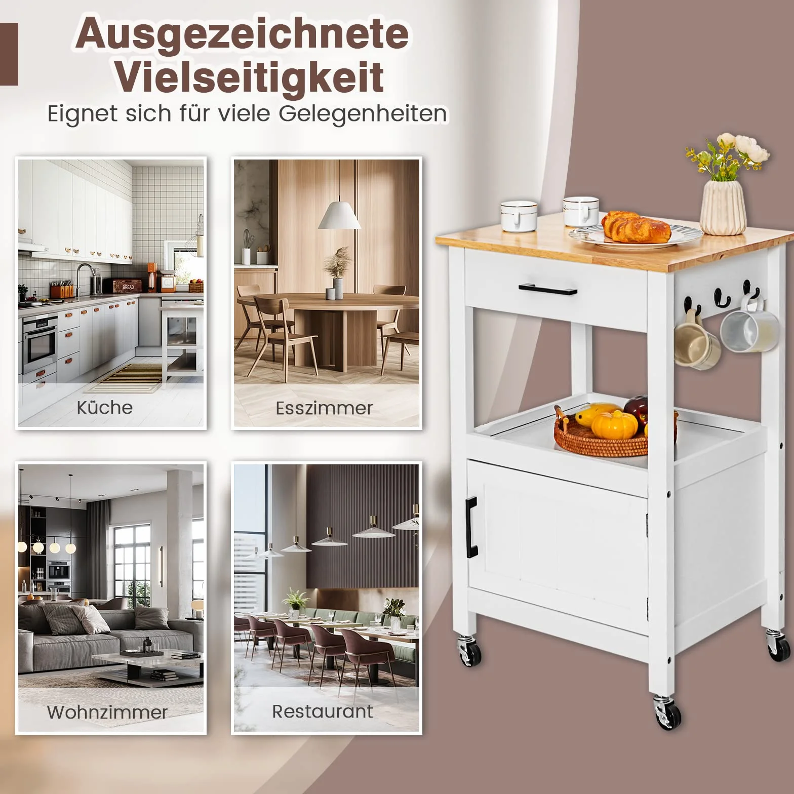 GOPLUS Wózek kuchenny na kółkach z szafką, szufladą i półkami, blat z drewna gumowego