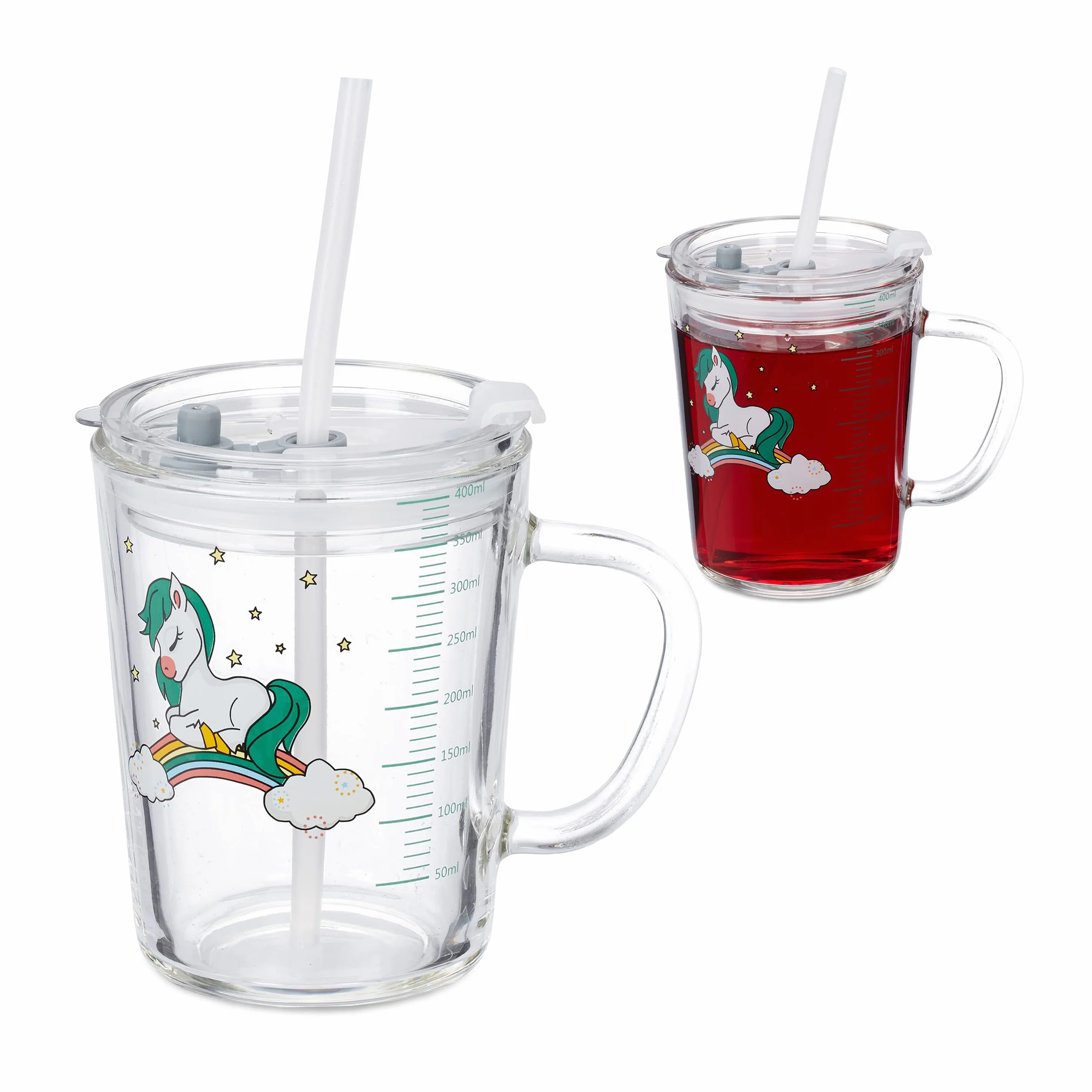 Relaxdays zestaw 2 szklanek ze słomkami, kubki na napoje z uchwytami, motyw konika, 400 ml, ze skalą, przezroczysty