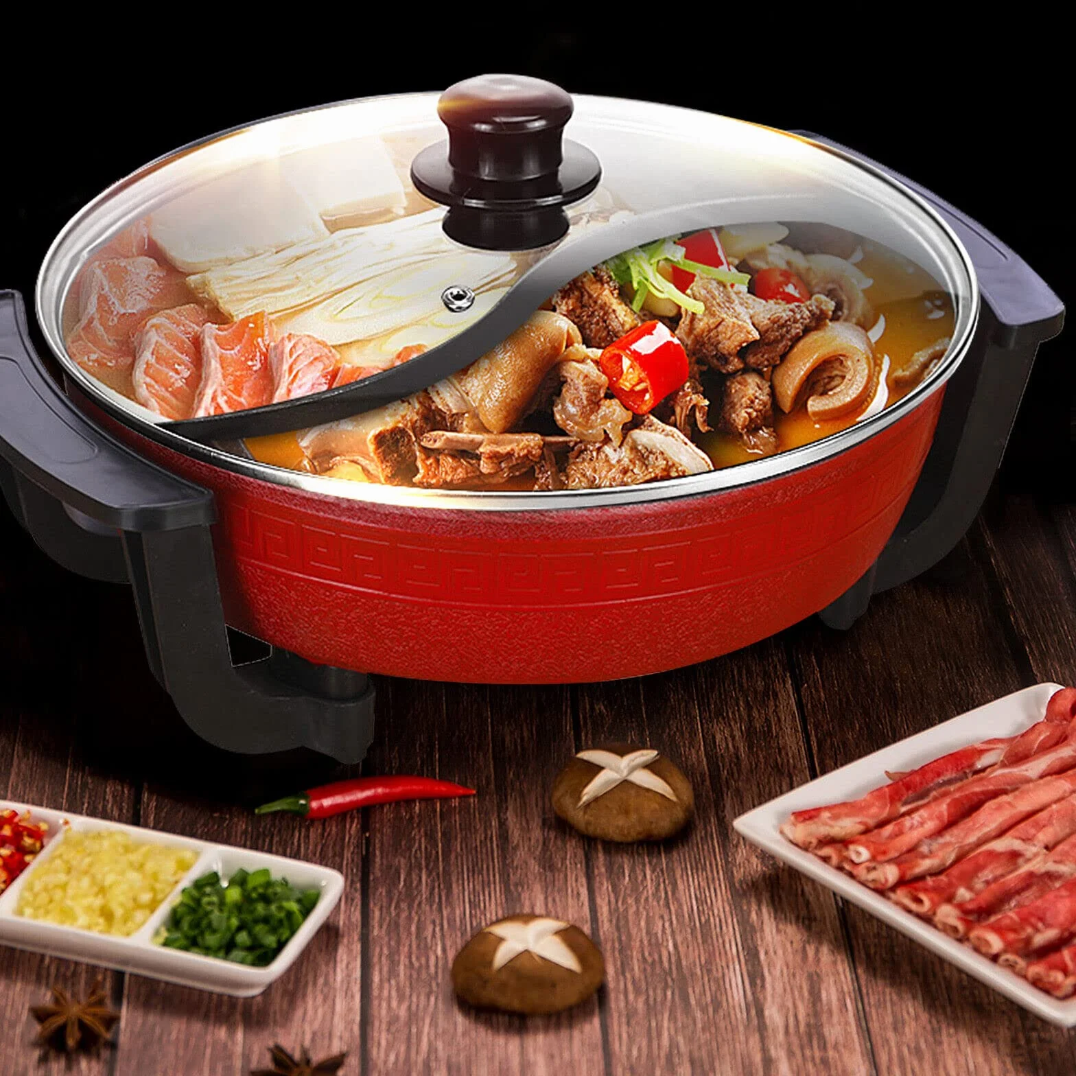 1360 W Hot Pot, elektryczny garnek nieprzywierający z 2 komorami, patelnia typu wok Yin Yang