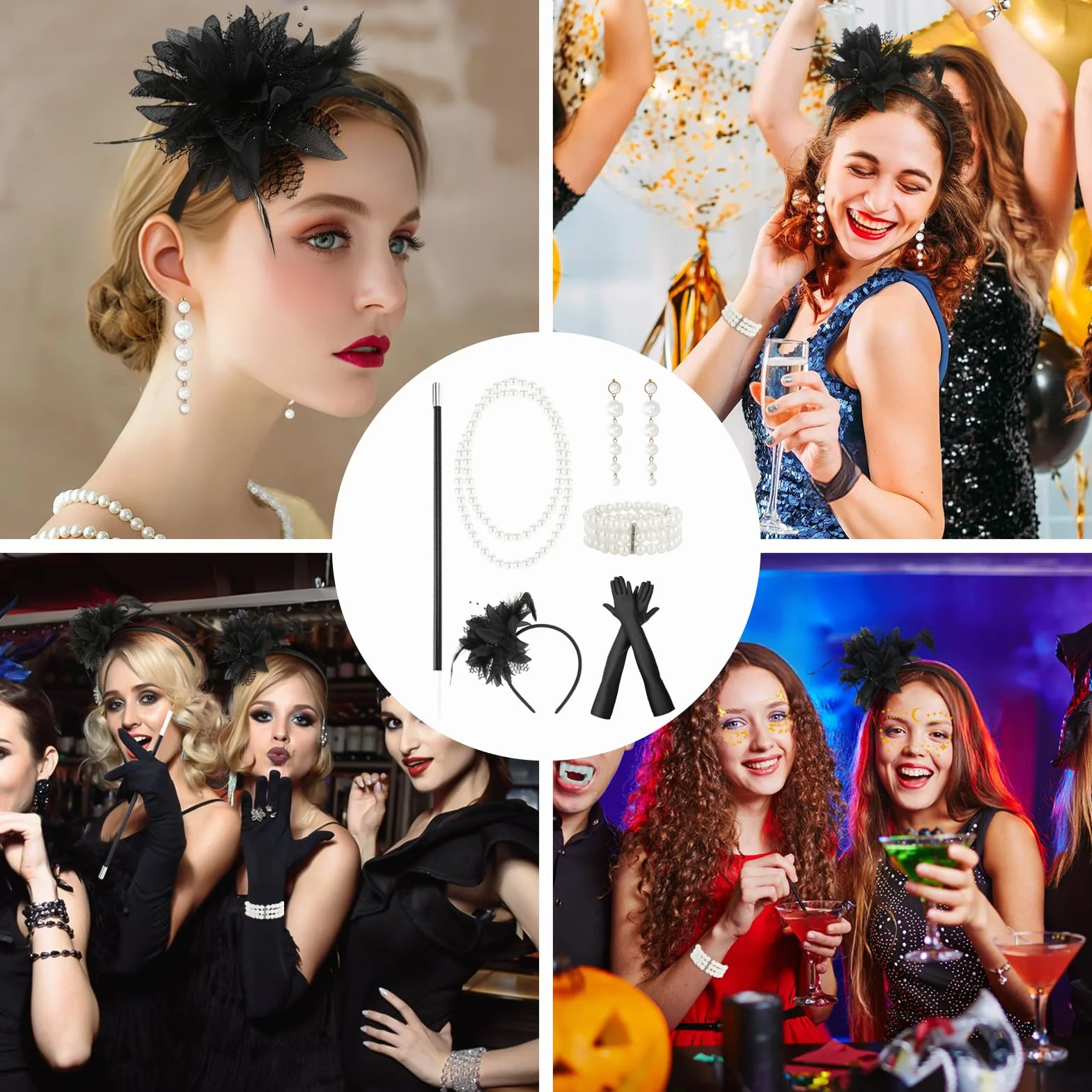 6-częściowy zestaw akcesoriów damskich w stylu lat 20., akcesoria Great Gatsby, kostium z lat 1920. z wstążkami do włosów, rękawiczkami, kolczykami, naszyjnikami i bransoletką na karnawał