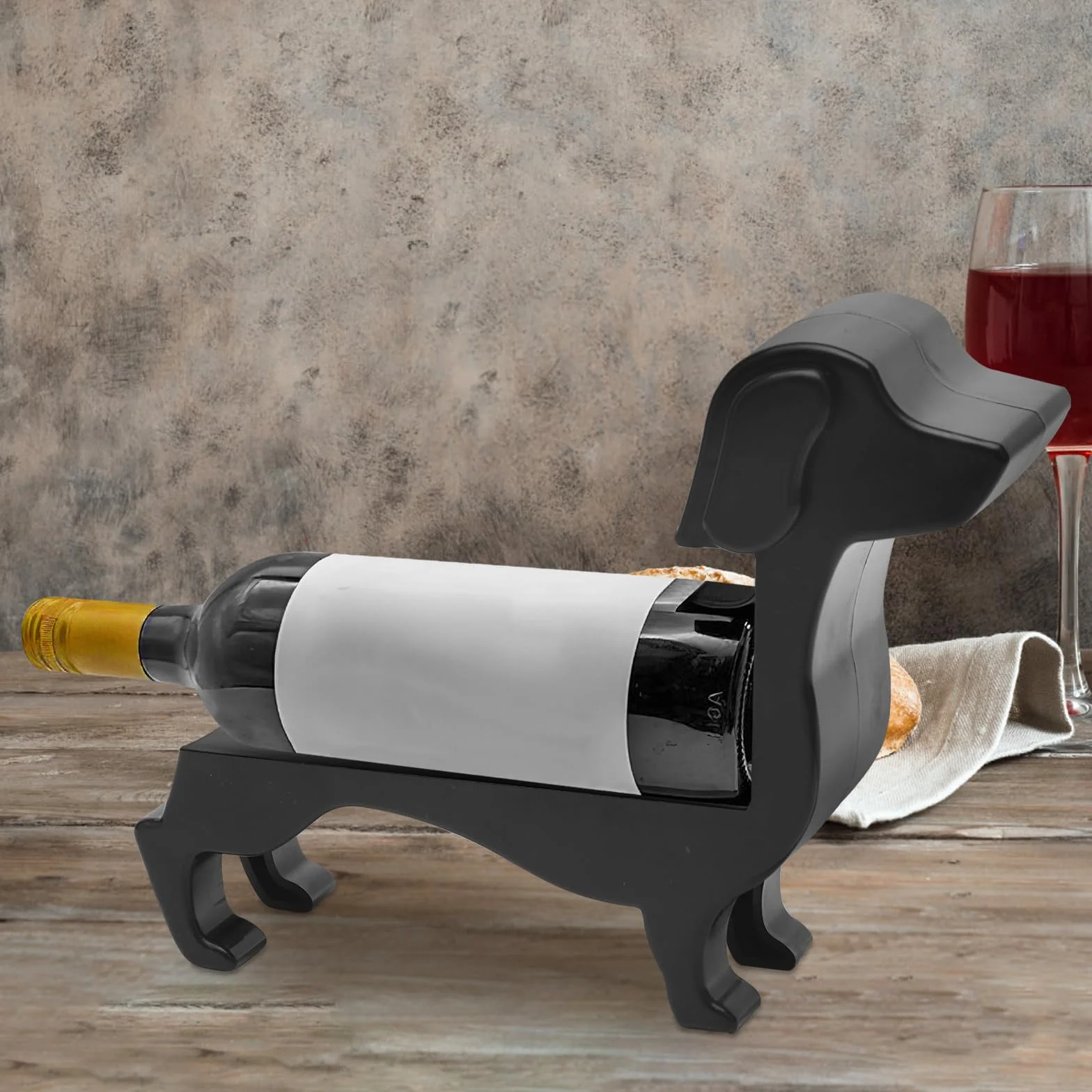 Drewniany uchwyt na butelki wina z motywem jamnika, stojak na wino dekoracyjny