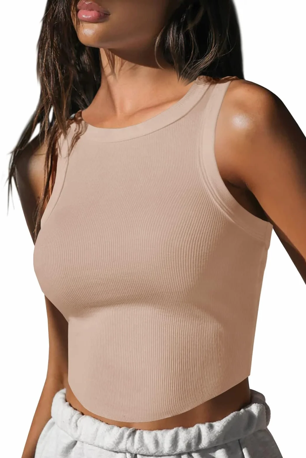 Fisoew Damski tank top na lato, bez rękawów, z okrągłym dekoltem, krótka seksowna koszulka typu basic
