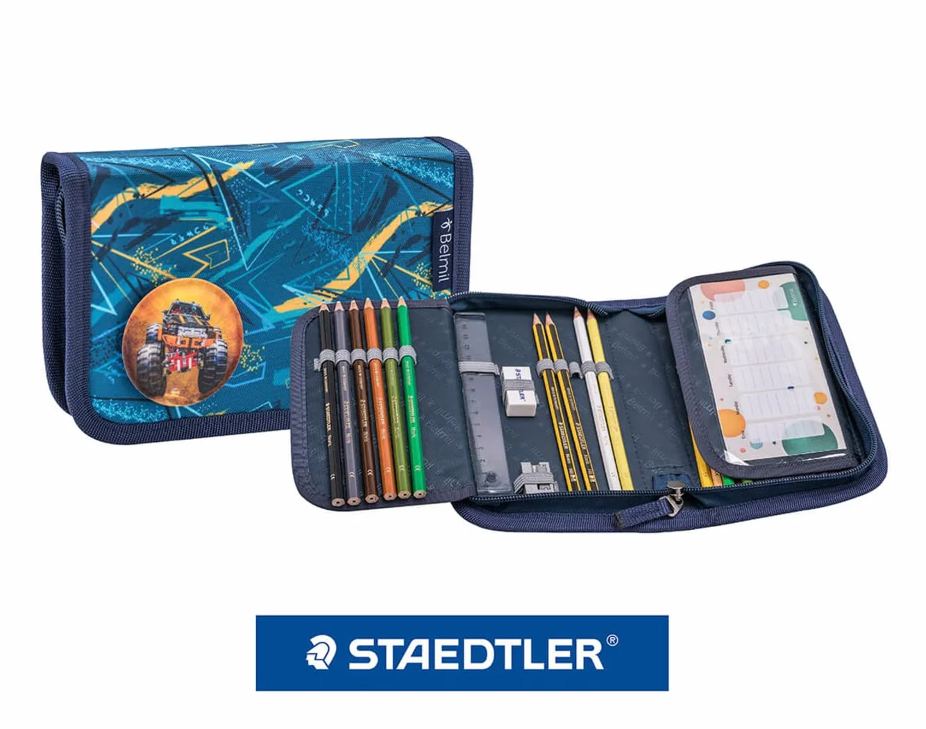 Belmil Premium Comfy Plus ergonomiczny tornister szkolny zestaw 5-częściowy, dla małych dzieci/pierwszoklasistów – STAEDTLER, pas piersiowy, pas biodrowy, zapięcie magnetyczne (405-73/P/S)