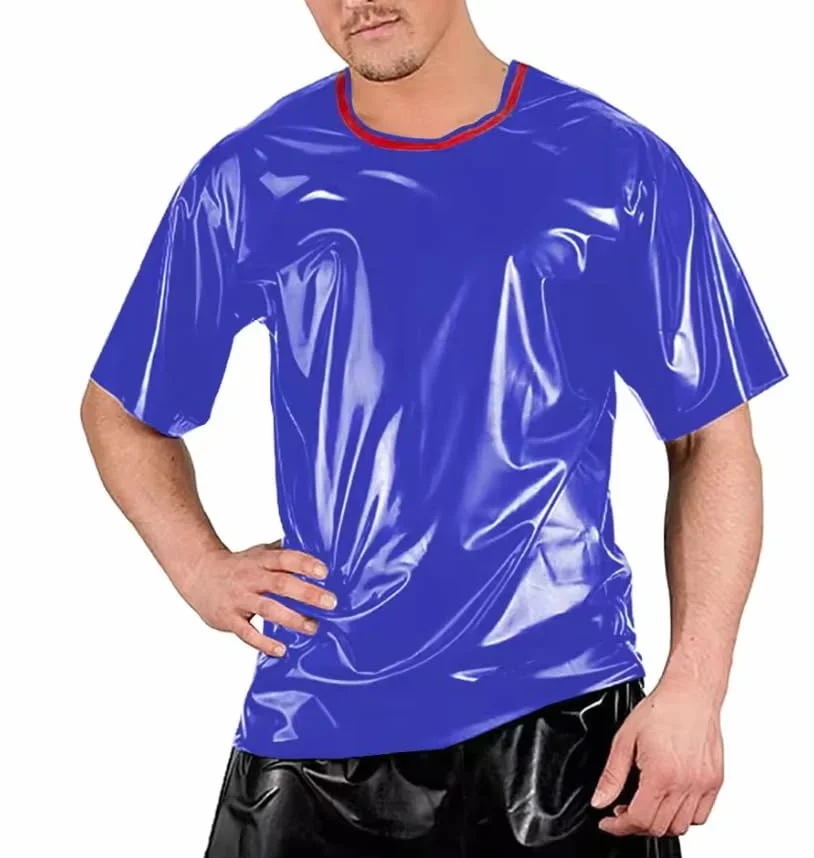Męskie koszulki klubowe patchworkowe z krótkim rękawem PVC skórzane topy bodycon outdoorowa odzież uliczna personalizacja