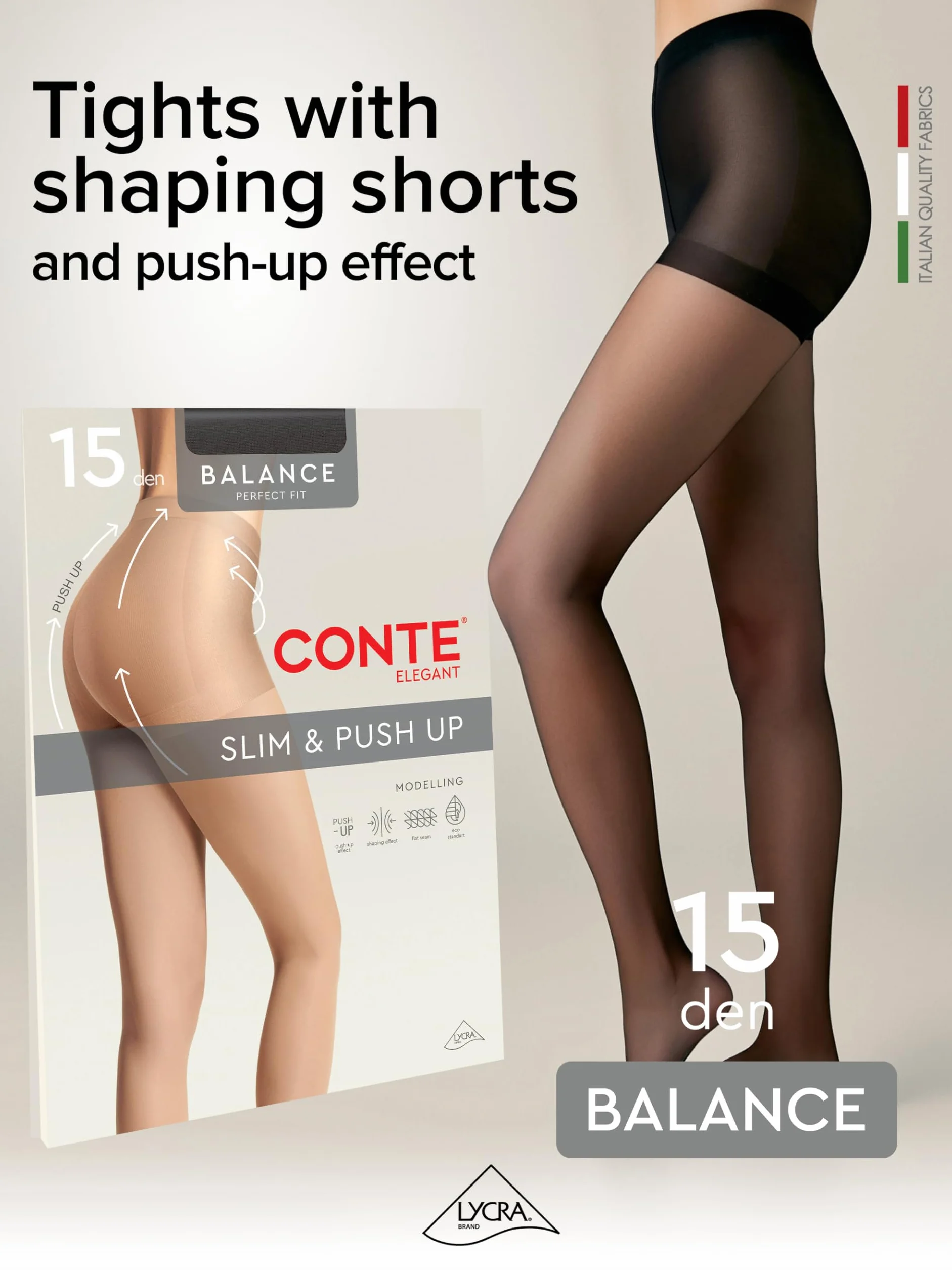 Conte elegant - Rajstopy Balance Push Up Effect - Rajstopy Damskie 15DEN - Modelowanie Brzucha, Wysoki Stan, Unoszenie Pośladków, Delikatny, Miękki Materiał