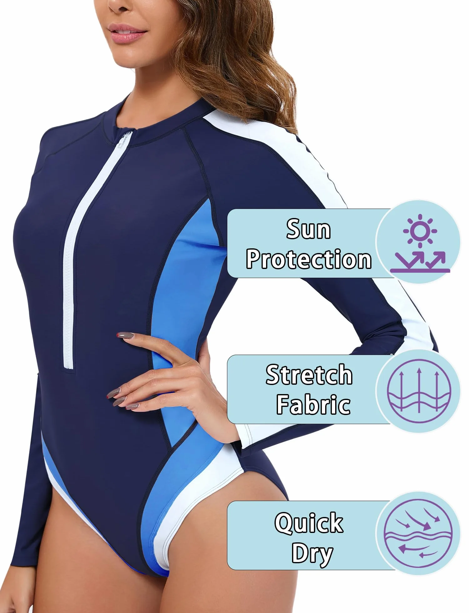 Damski kostium kąpielowy z długim rękawem, jednoczęściowy, ochrona przed słońcem, moda kąpielowa, jednoczęściowy, krój slim fit, S-3XL