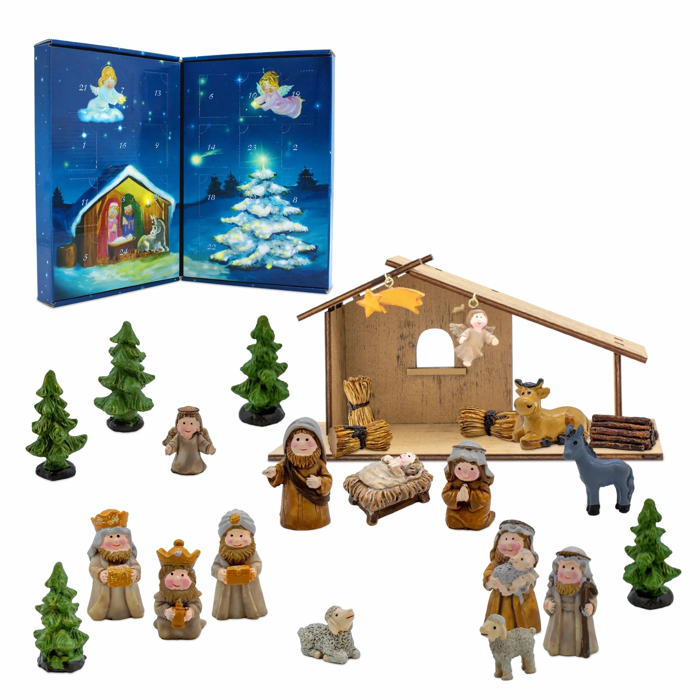 Spetebo Drewniana szopka bożonarodzeniowa z figurkami ze sztucznego kamienia – 26 x 13 cm – szopka bożonarodzeniowa kalendarz adwentowy z 24 figurkami – Boże Narodzenie, adwent zima, dekoracja stołu